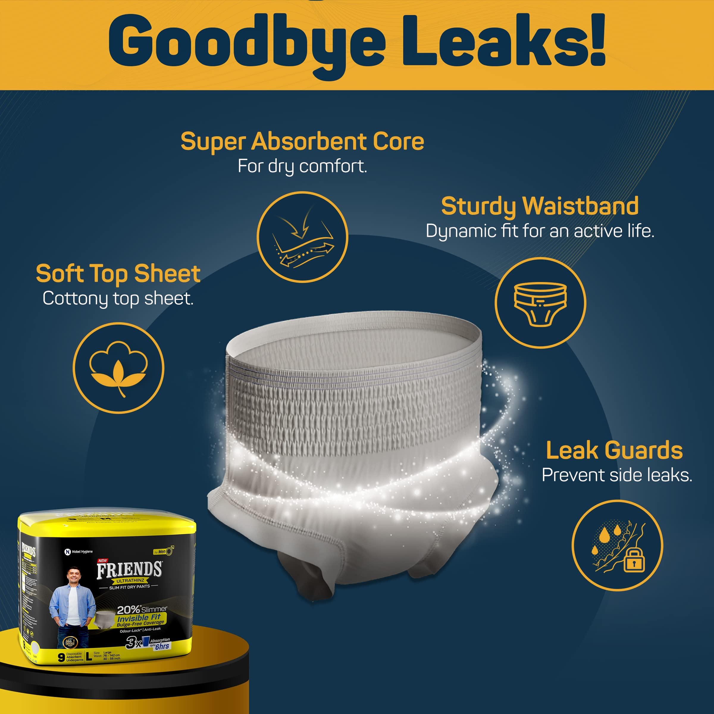 Friends Friends UltraThinz Slim Fit Adult Diapers (Dry Pants) for Men - Large – 9 Count - with thin design, grey colour, and anti-rash - Waist Size 25-48 Inch ;6 3.5-122 cm