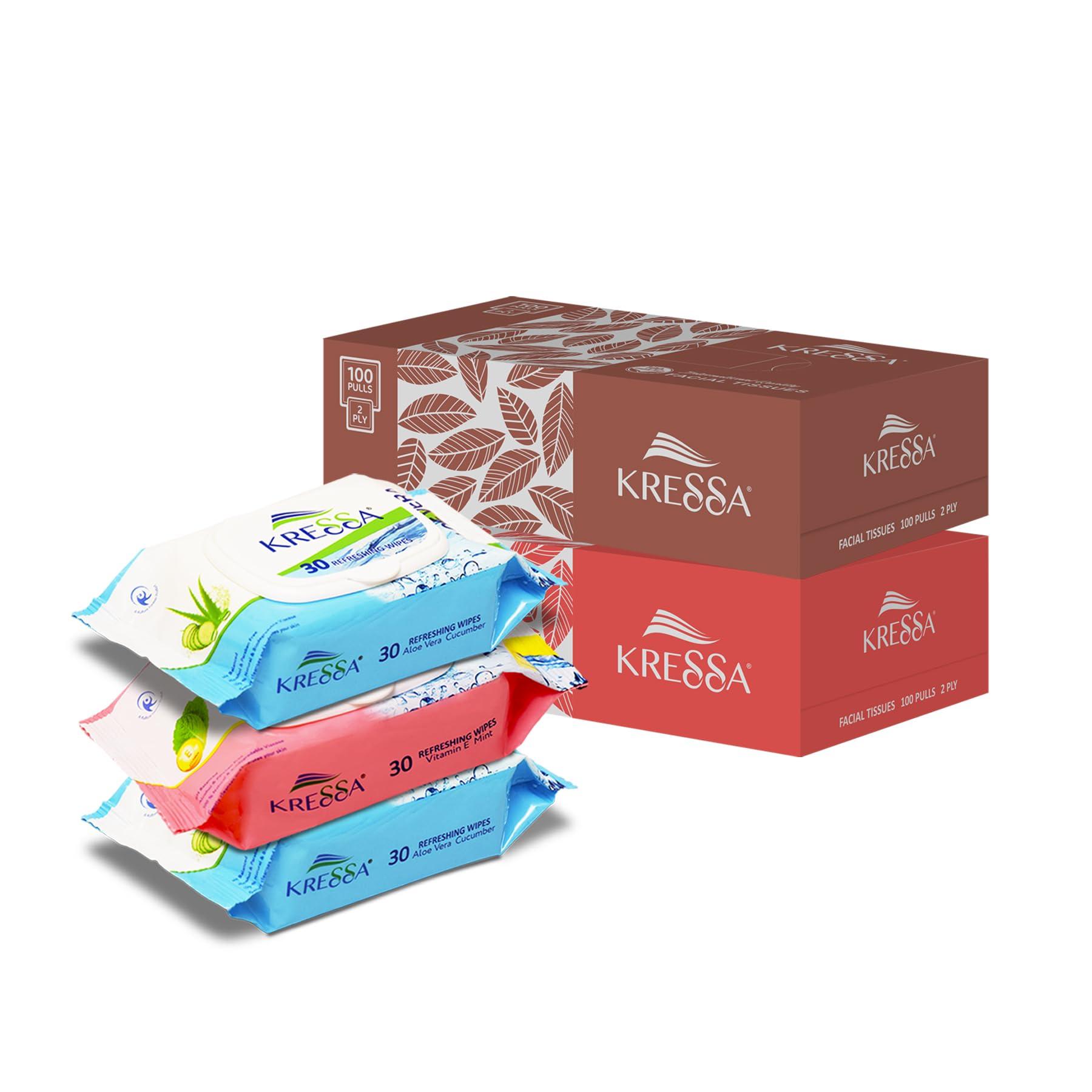 KRESSA Kressa Face Tissue and Wet Wipes Combo Pack (Face Tissue 2 Boxes & Wet Wipes 3 Pack)