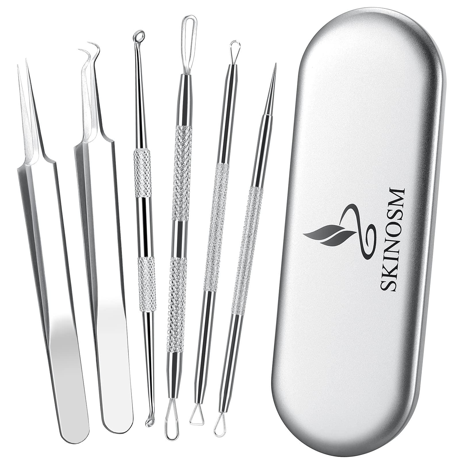 SKINOSM SKINOSM Blackhead Remover Acne Pimple Comedone Extractor Curved Whitehead Tweezers Tool Kit Treatment for Facial Skin Care Protect with Silver Metal Case (Tweezers Kit 6pcs)