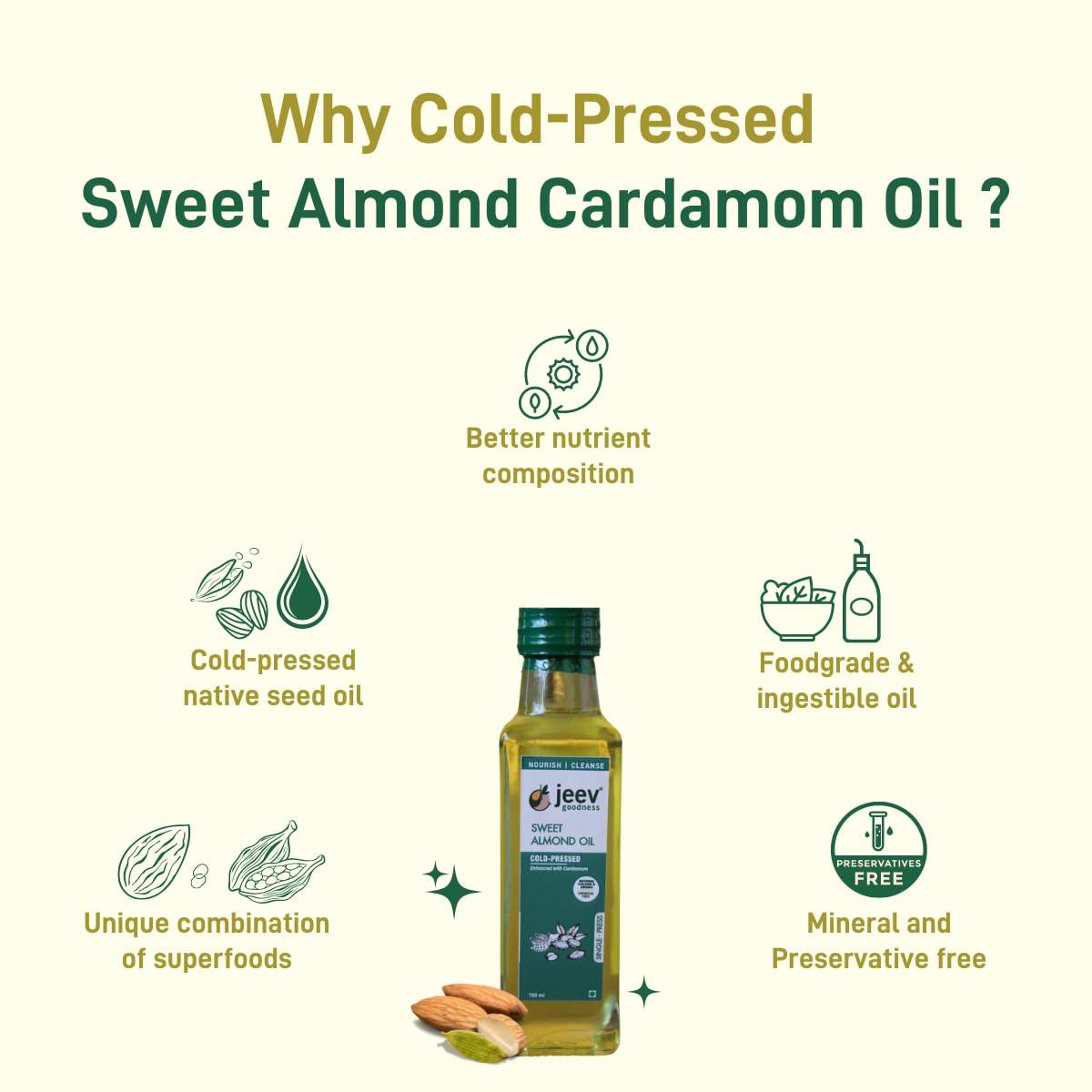 JEEV GOODNESS Jeev Goodness Cold-Pressed Sweet Almond Cardamom Oil | Single Pressed from Chemical Free Sweet Almond and Cardimum | Chemical Free| Natural Filtering | Multi-Benefit Oil for Cooking & Self care (100 ml PET)