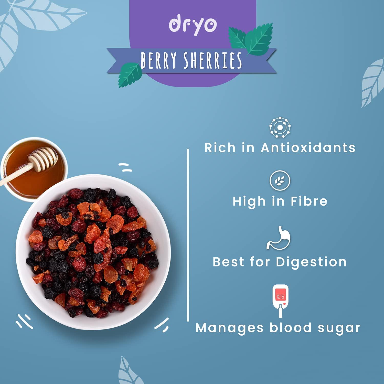 dryo Dryo Healthy Snack Berries Sherries Mix Dried Berries (Cranberries, Blueberries, Strawberries, Black Currants) for Kids and Adult (Pack of 1) - 200 g
