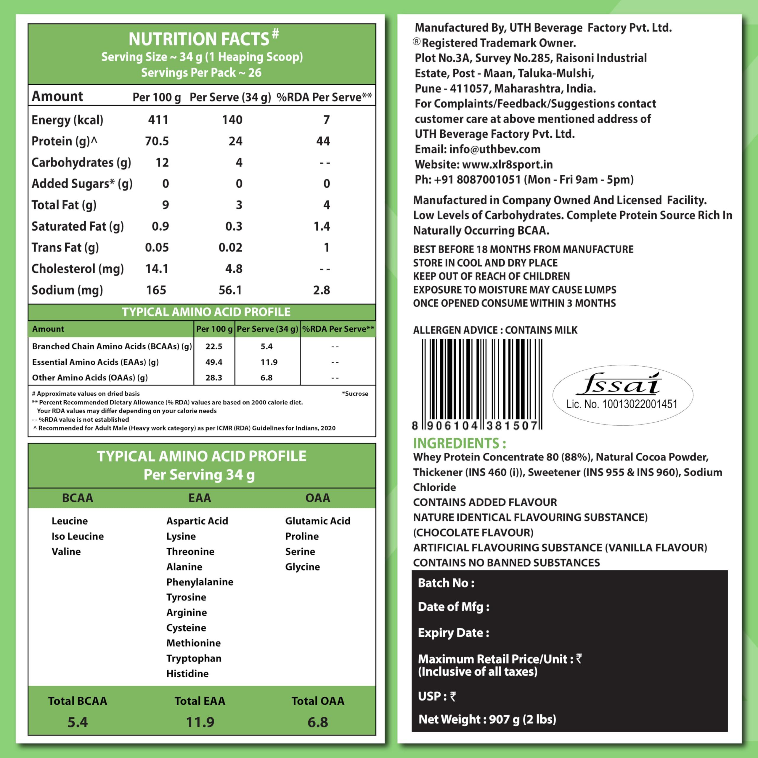 XLR8 XLR8 Whey Protein Powder with 24 g Protein Content & 5.4 g BCAA (907 g, Chocolate)