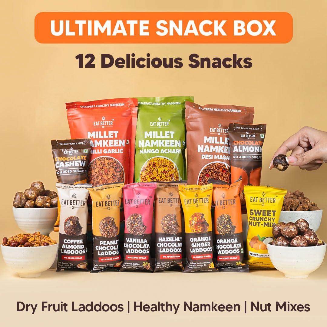 EAT BETTER CO Eat Better Co - Ultimate Snack Box -12 Healthy Snacks - Roasted Namkeens, Dry-Fruit Laddoos - No Added Sugar - Chocolate Coated Nuts & more - As Seen on Shark Tank India