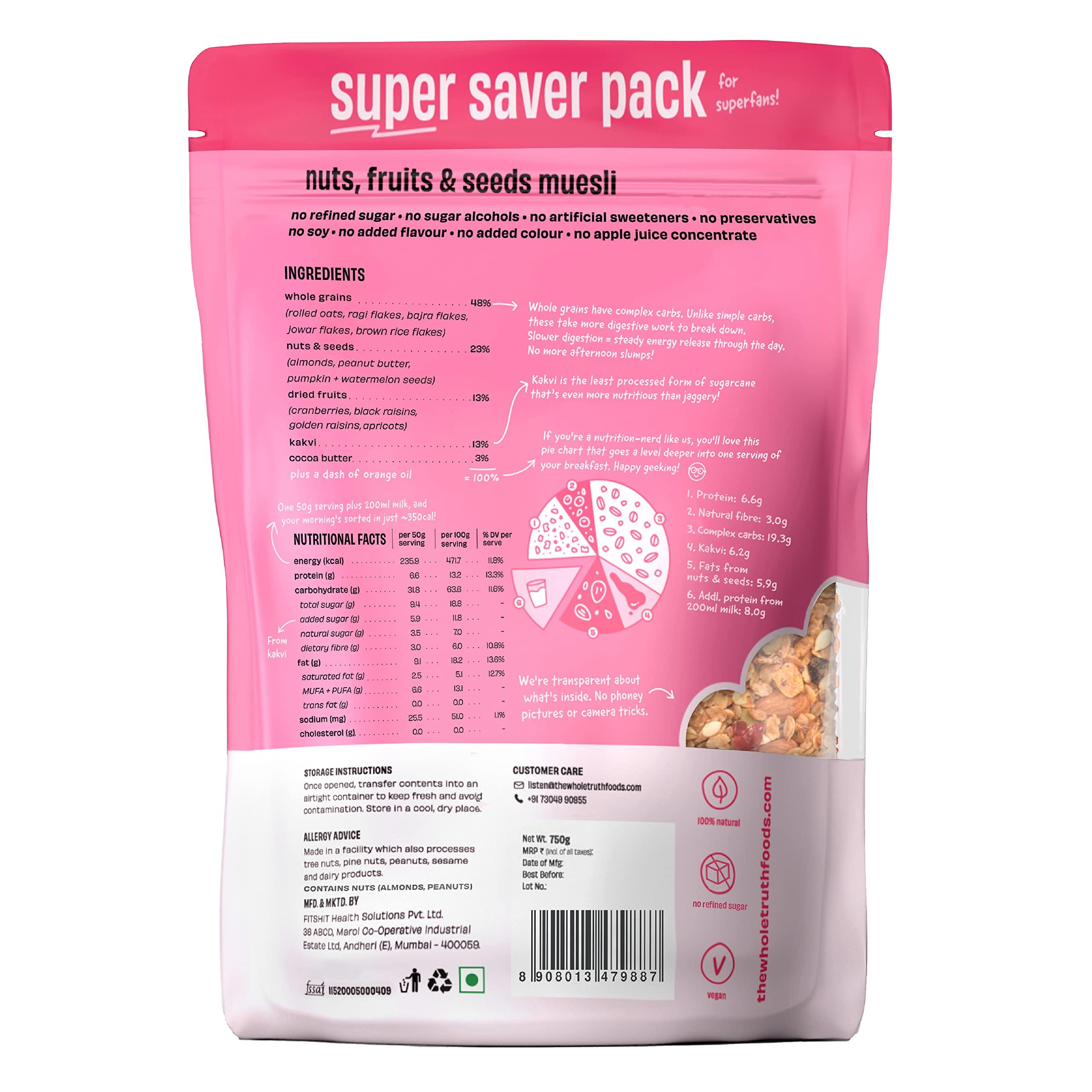 The Whole Truth The Whole Truth - Super Saver Breakfast Muesli | Nuts, Dried Fruits and Seeds | 750 grams | Vegan | Dairy-free | No Artificial Sweeteners | No Added Flavours | Nutritious Snack and breakfast