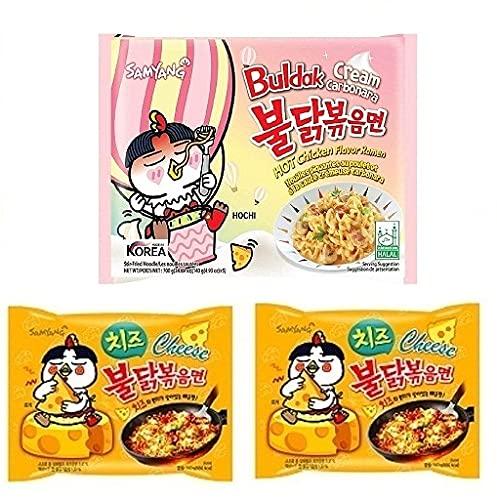 Sam Yang Samyang Cheese Noodles PK2 & Buldak Cream Carbonara Noodles PK1(Pack of 3) (420gm) (Imported) Instant Noodles Non-vegetarian (3x140 g)(Combo Pack)