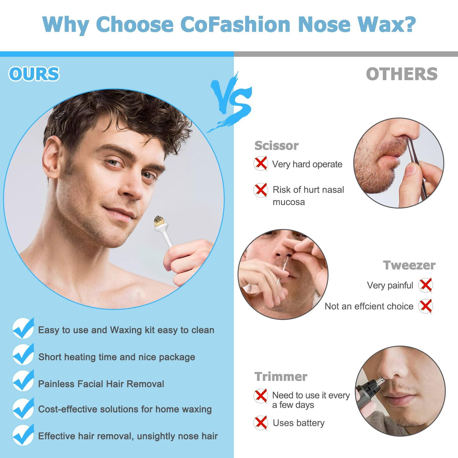 CoFashion CoFashion Nose Wax Kit for Men Women, Nose Hair Removal Waxing Kit Eyebrows Ears Lips Facial Nose Hair Remover Wax with 50g Hard Wax Beads 20 Applicators 10 Paper Cups 8 Moustache Protectors & 1 Measuring Cup