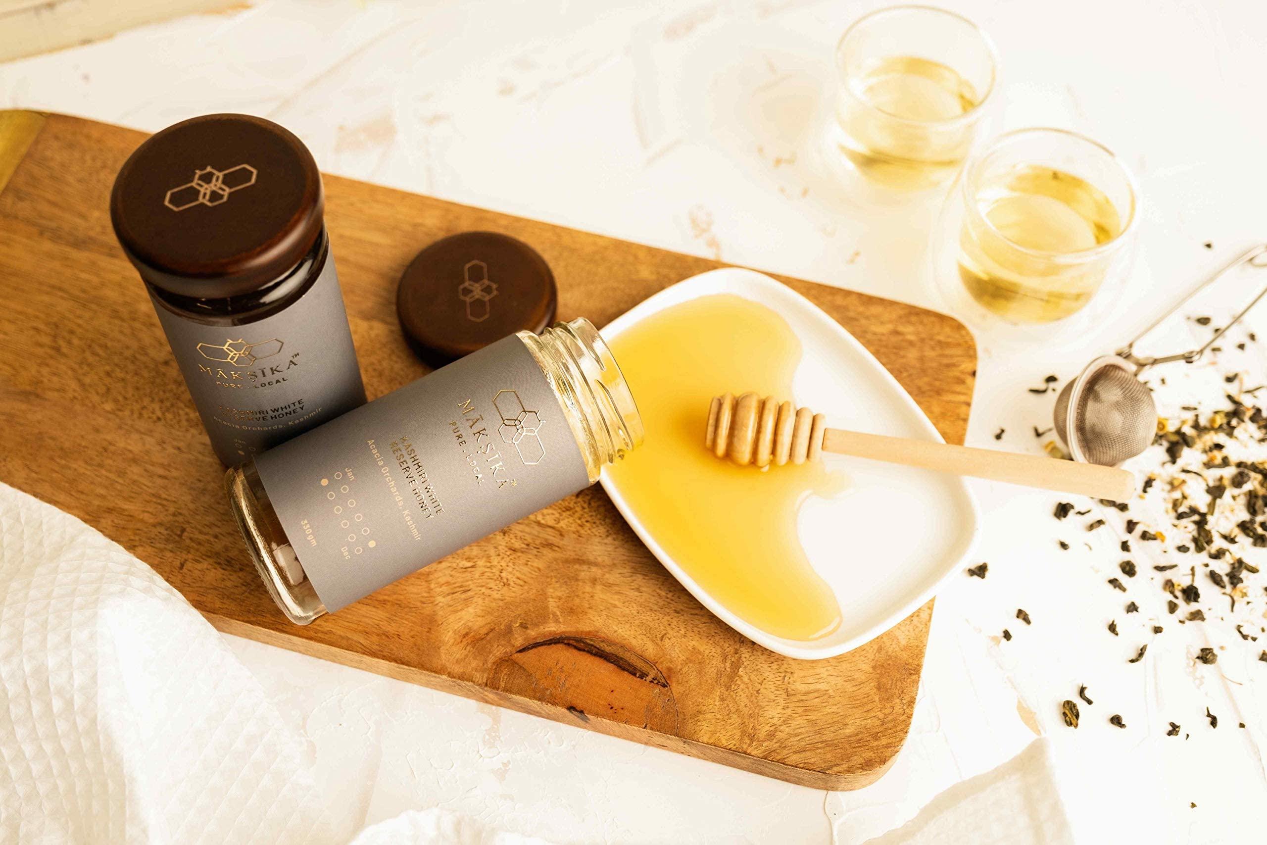 Maksika Maksika Kashmiri White Honey | Organic Honey Bottle - 330gms | Kashmiri Acacia Nectar with Light Vanilla Taste | Best paired with Chamomile or White Tea and Fresh Ricotta Cheese