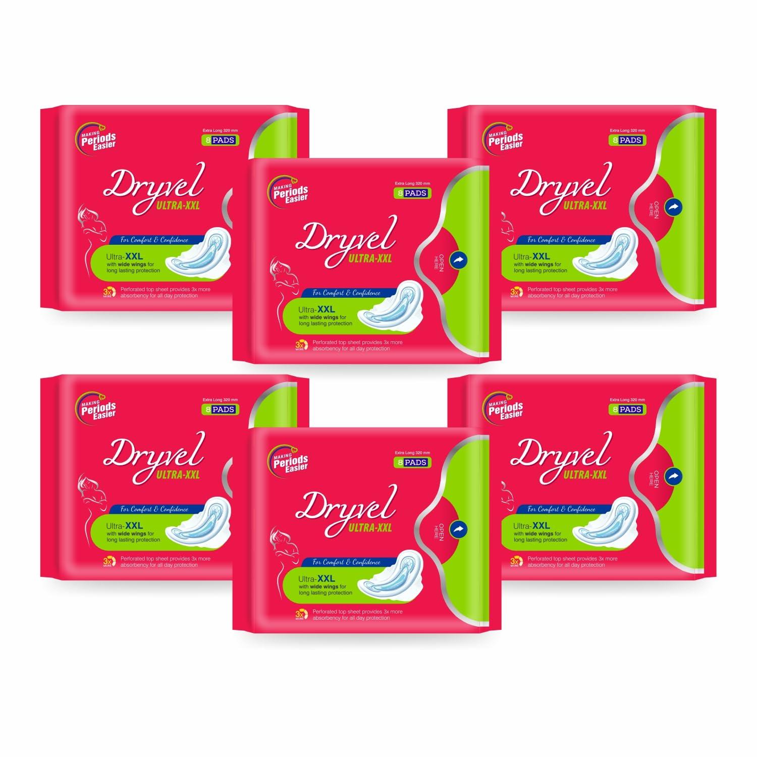 DRYVEL Dryvel Ultra Sanitary Pads | Sanitary Napkins for Women | Sanitary Napkins with Wider Wings | Breathable Cotton Pads Sanitary Napkins | Pee Safe Sanitary Pads Pack of 6 (8 Pads each)