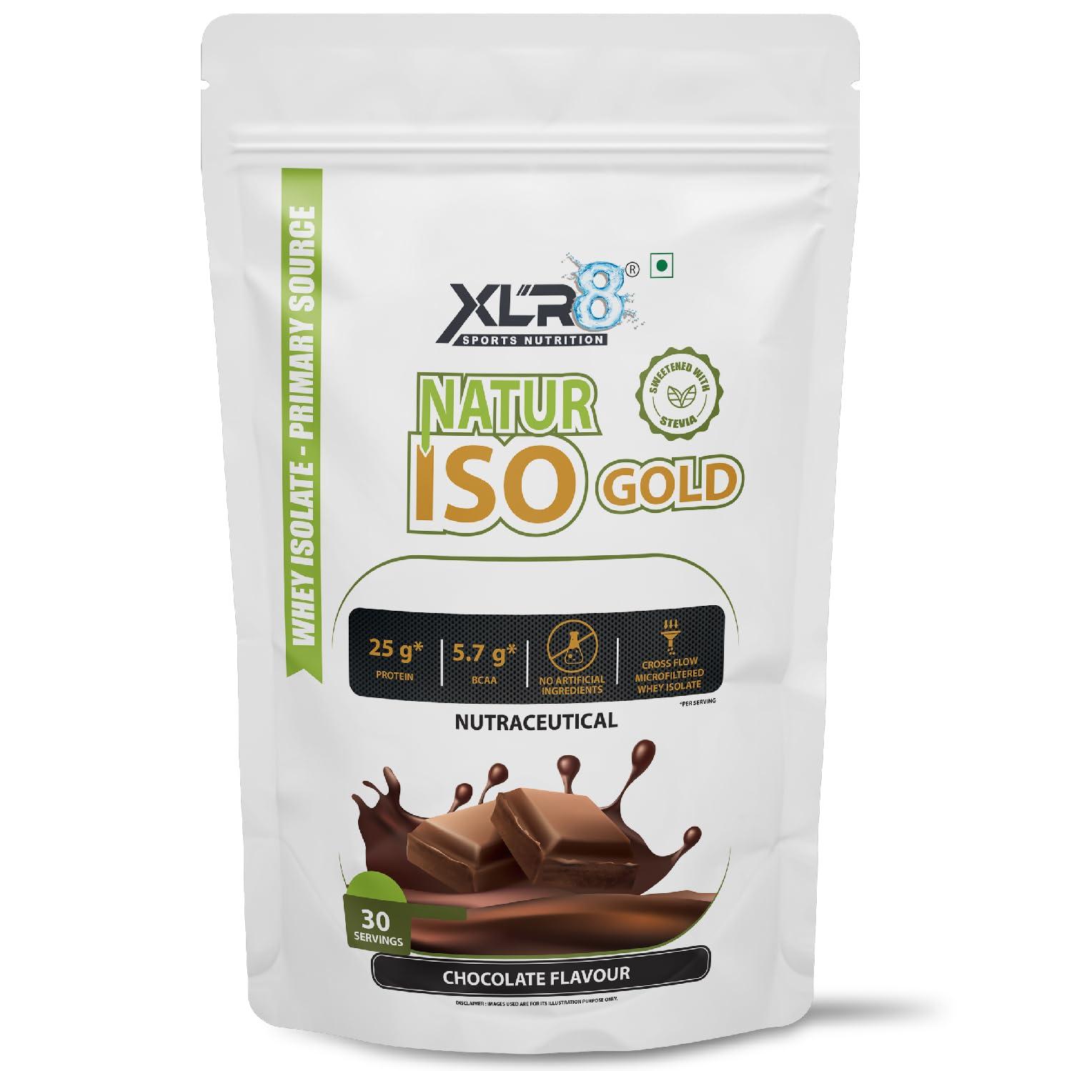 XLR8 XLR8 Natur Iso Gold Whey Protein Isolate, 25g Protein, 5.7g BCAA, Sweetened with Stevia, VEGETARIAN, ZERO SUGAR, Muscle Support and Recovery (1 Kg (Pack of 1), Chocolate)