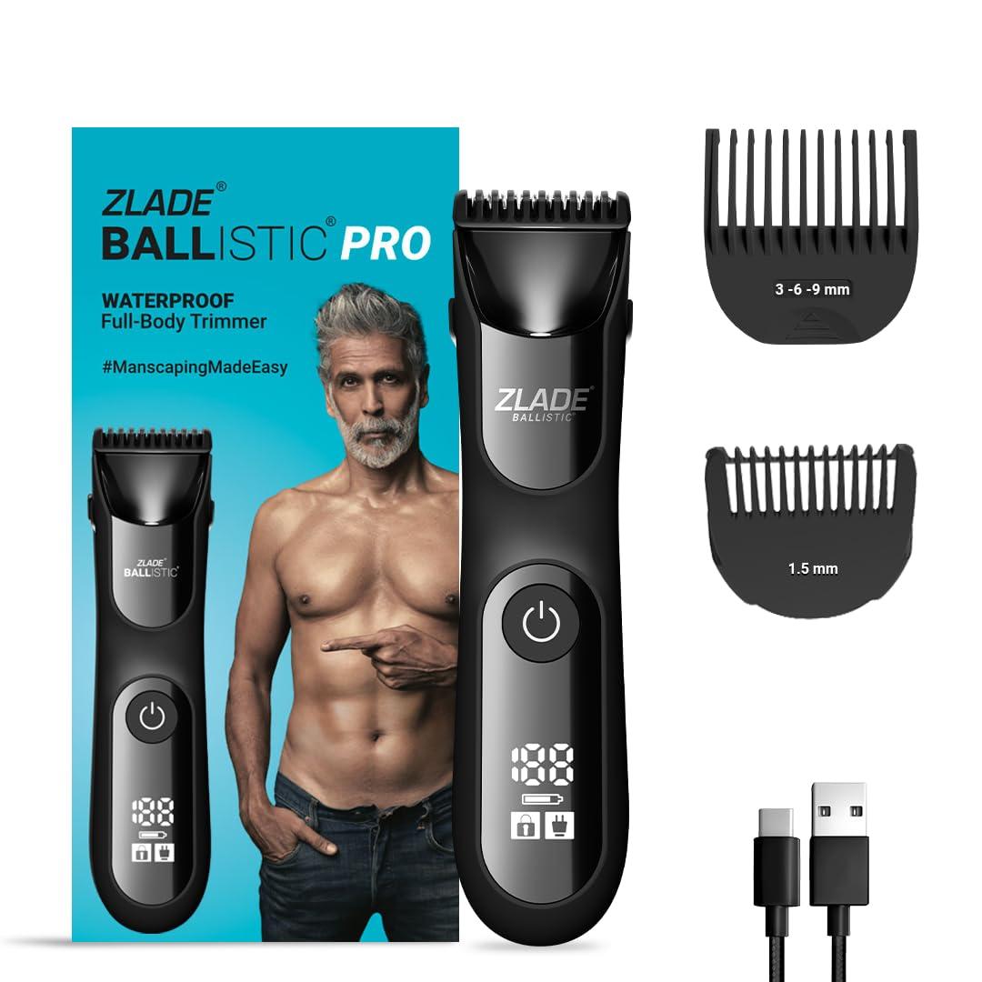 ZLADE Zlade Ballistic PRO Manscaping Body Trimmer for Men - Beard, Body, Pubic Hair Grooming - Waterproof, Cordless, Rechargeable - Smart Travel Lock, Digital Display, Black
