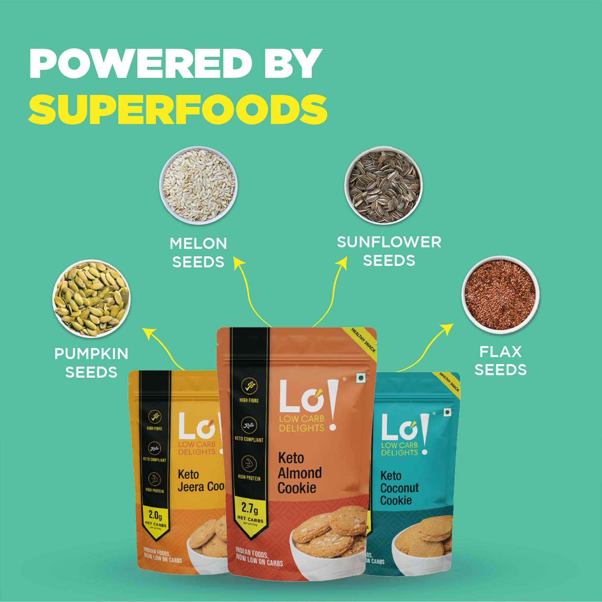 Lo! Foods Lo! Foods - Keto Cookies Combo (600g) | Diabetic Friendly | Sugar Free Biscuit | Low Carb Keto Snacks | Diet snacks for Healthy Eating | Zero Added Sugar - (200g x Pack of 3)