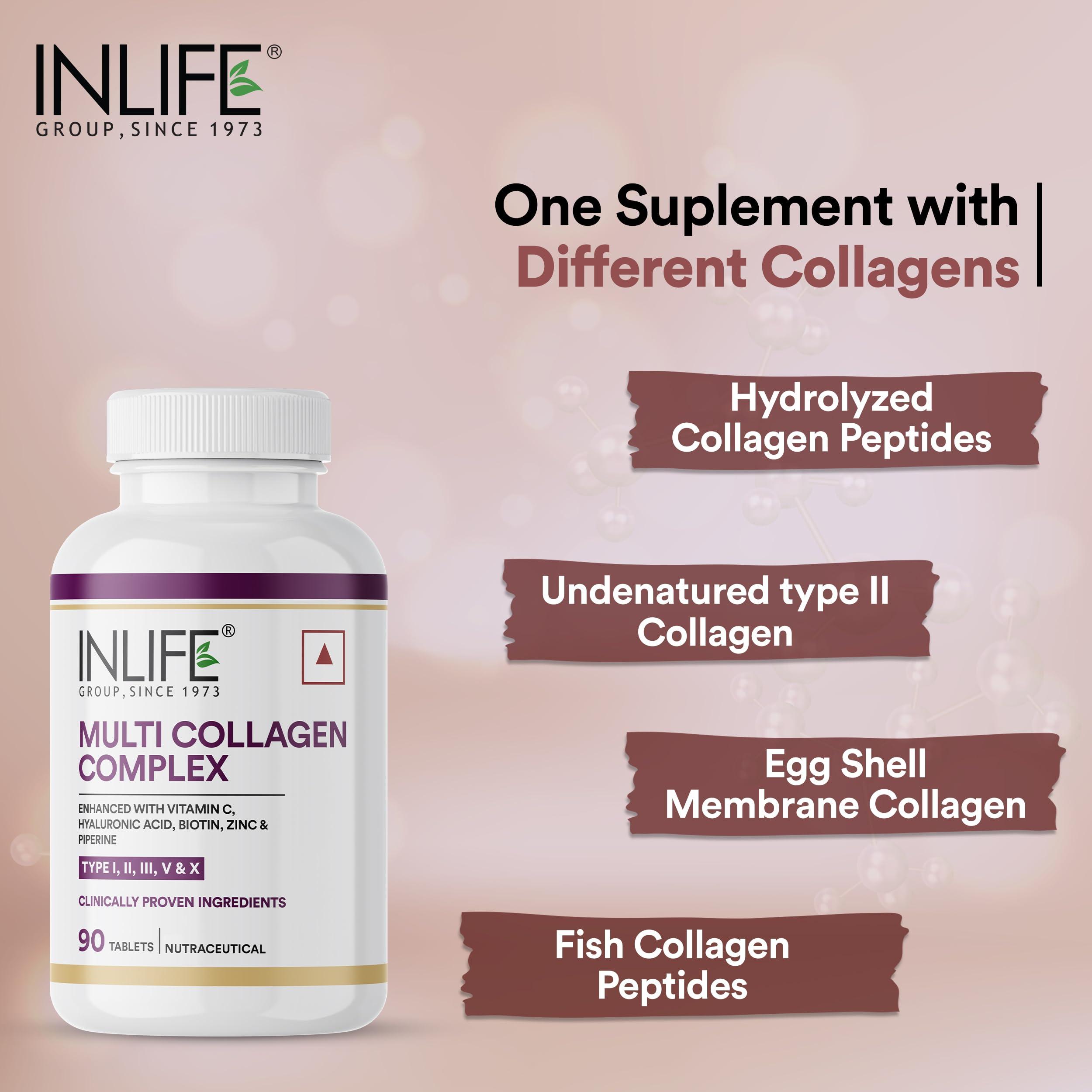 Inlife INLIFE Multi Collagen Complex Tablets | 5 Types Peptides I, II, III, V & X with Biotin, Hyaluronic Acid | Collagen Powder Supplements for Women & Men - 90 Tablets (Pack of 1, 90)