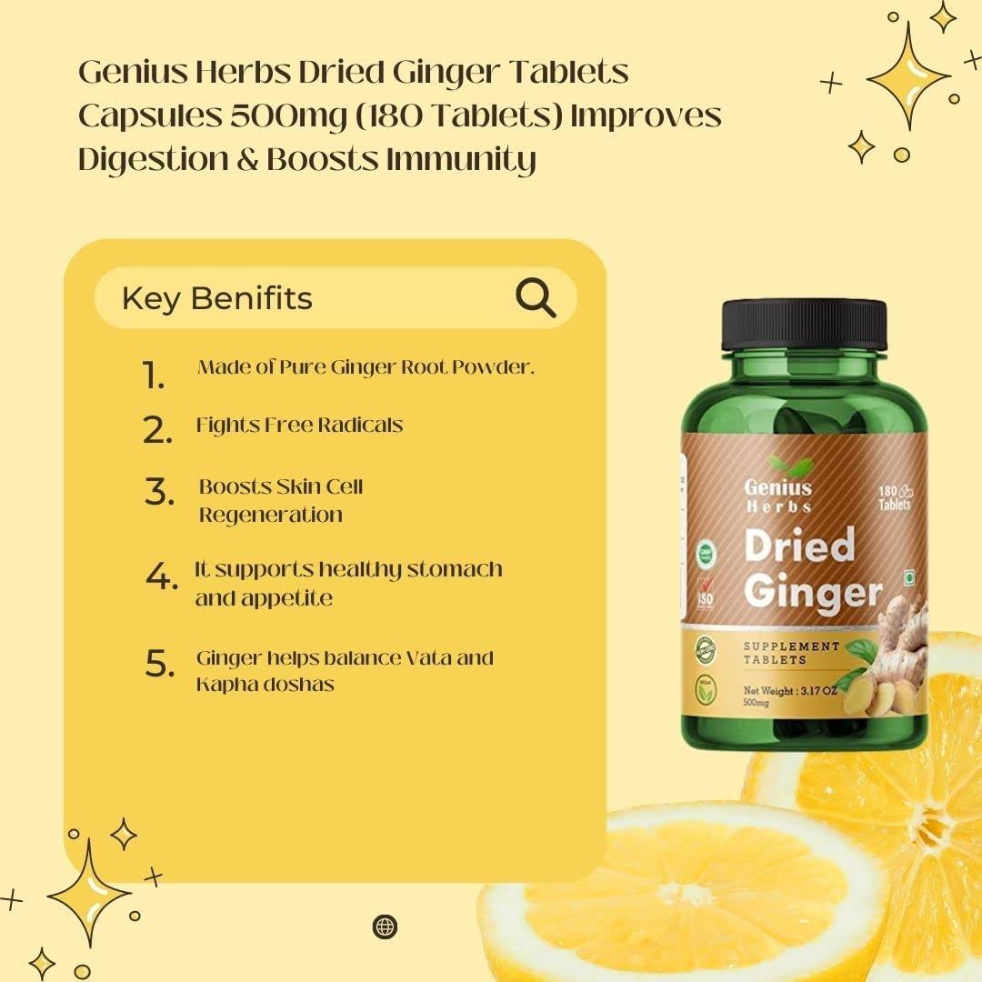 Genius Herbs Genius Herbs Dried Ginger Tablets 500mg (180 Tablets) Improves Digestion & Boosts Immunity Pack of 4