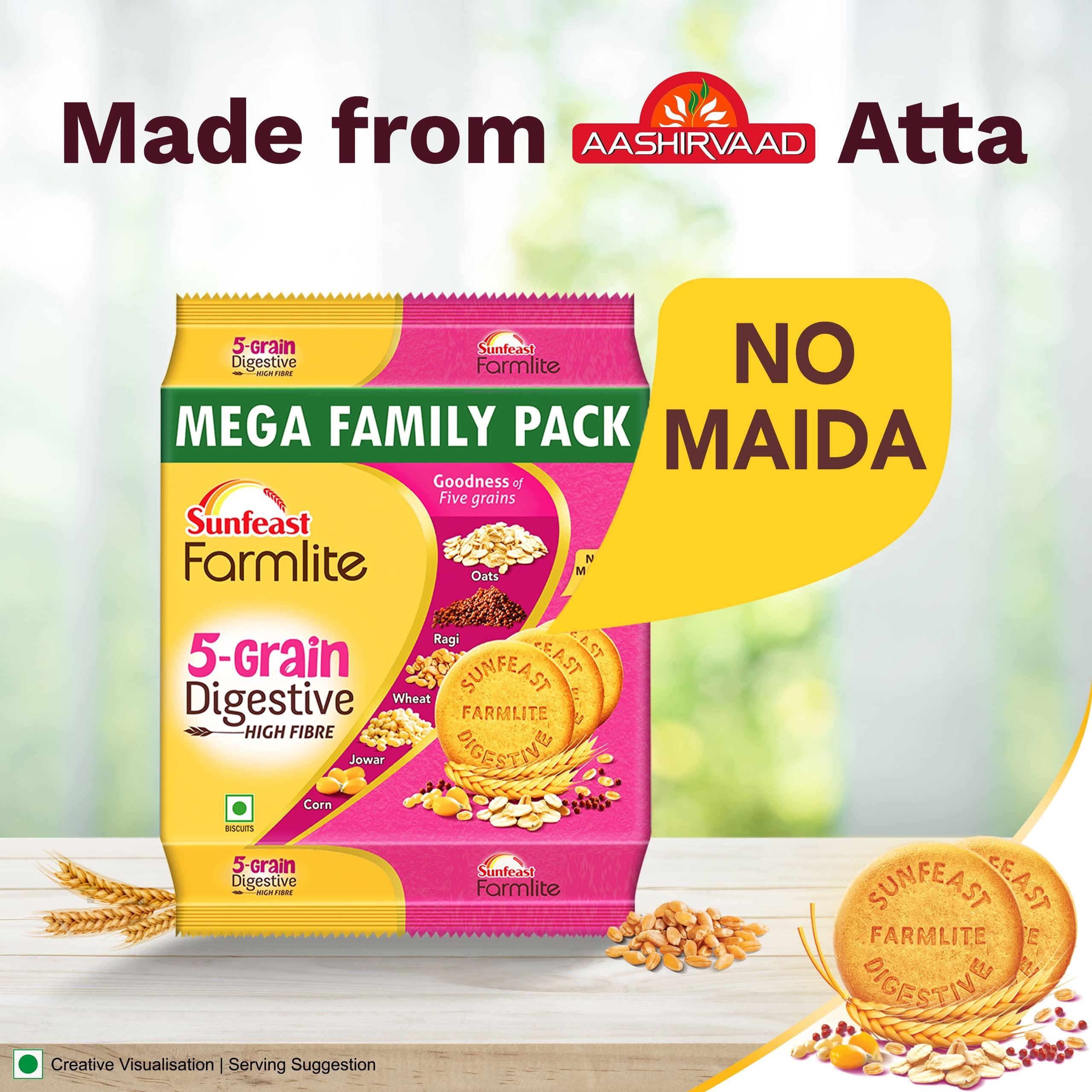 Sunfeast Farmlite Sunfeast Farmlite 5 Grain Digestive Biscuit, High Fibre Biscuit, Goodness of 5 Grains, 800 g Pack & Sunfeast Marie Light Active Bag, 1 kg
