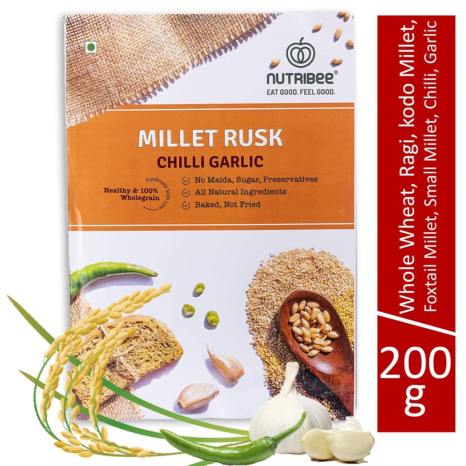 Nutribee Nutribee Multi-Millet Rusk - Chilli Garlic - No Maida Or Sugar, No Added Flavours, Preservative Free - Pack Of 4 (210Gm Each) - Ragi, Butter