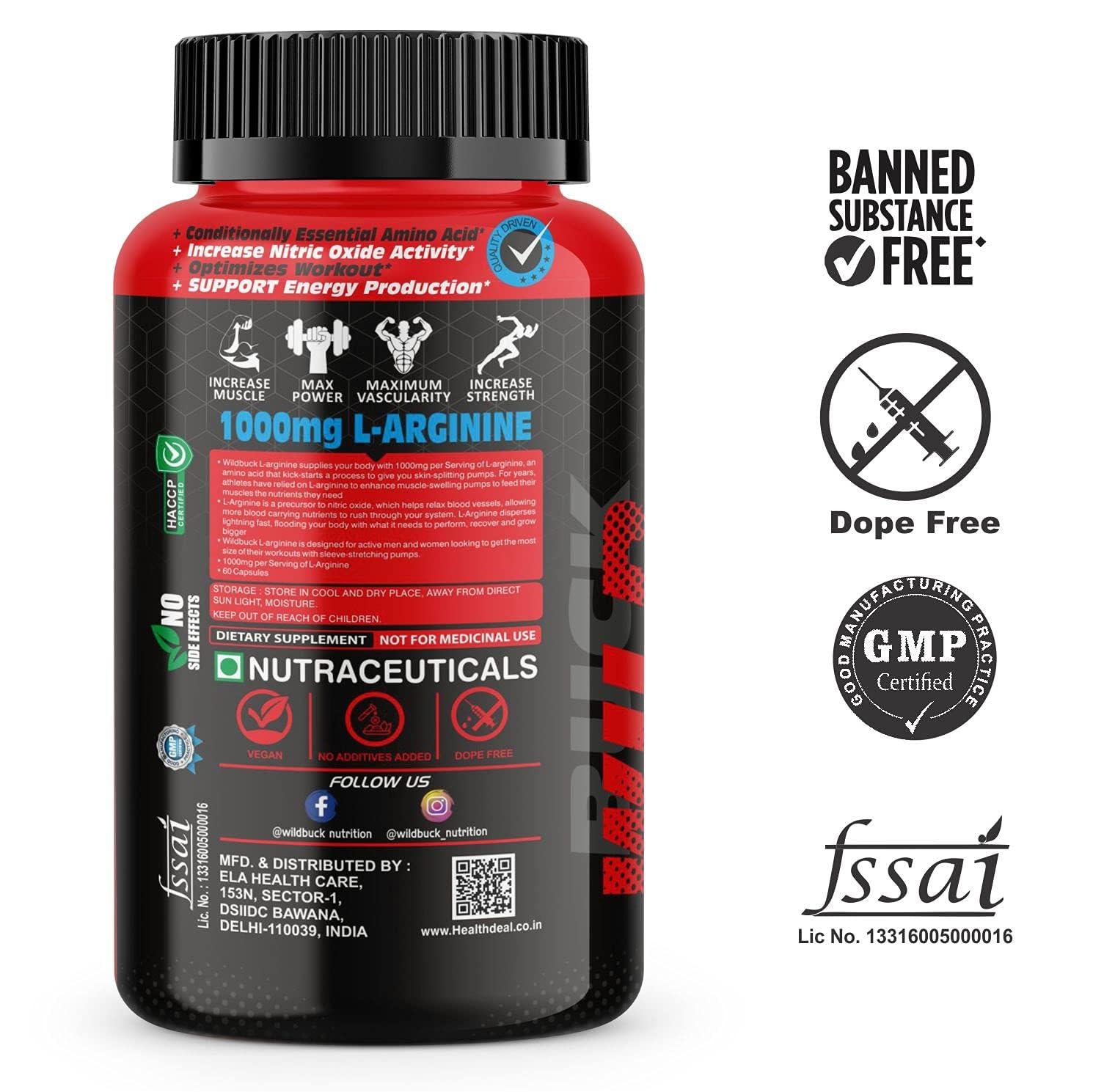 WILD BUCK WILD BUCK Hyper Charge Pre-X4 Hardcore Pre-Workout Supplement Powder with Creatine Monohydrate, Arginine AAKG, Beta-Alanine, Caffeinated Punch - For Men & Women [40 Servings, Green Apple] + WILD BUCK L Arginine 1000mg Nitric Oxide Precursor Supplemen