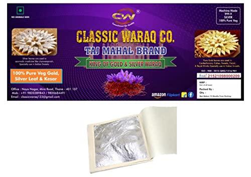 CLASSIC WARAQ CO. Edible Silver Leaf, Pure Chandi Varakh Booklet, 2.5\" by 2.5\'\' inch Edible Foil Gold Foil Paper for Facial, Cake Deco, Spa, Ice Cream, Desserts, Food (10)