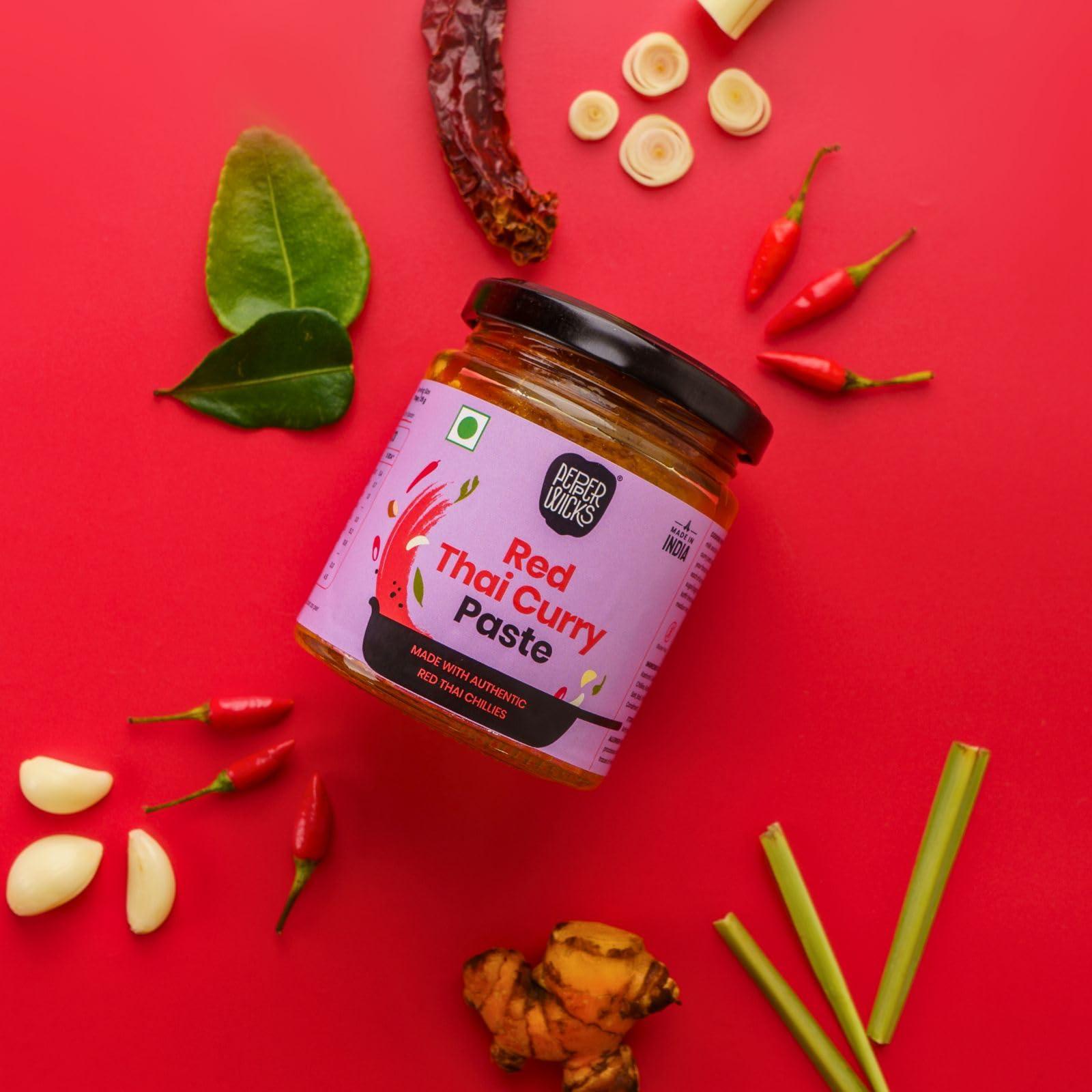 PEPPERWICKS Pepperwicks Red Thai Curry Paste (160 gms) | Serves 6-8 | 100% Vegetarian | Only Natural & Fresh Ingredients | No Preservatives | No Chemicals | Vegan | Gluten-Free | Make Restaurant-Style Red Thai Curry in 20 Mins