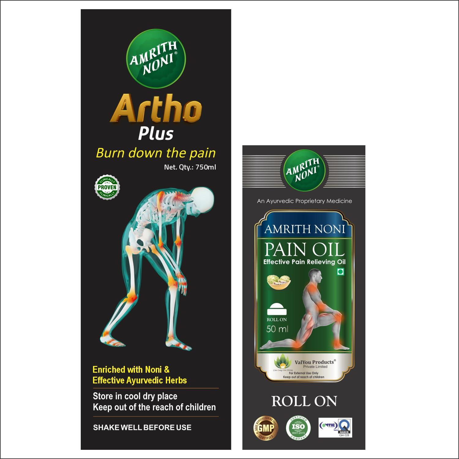 Amrith Noni Amrith Noni Artho Plus 750Ml + Pain Roll-On 50Ml - Effective Combo For Joint Health & Quick Relief From Aches And Pains, Liquid