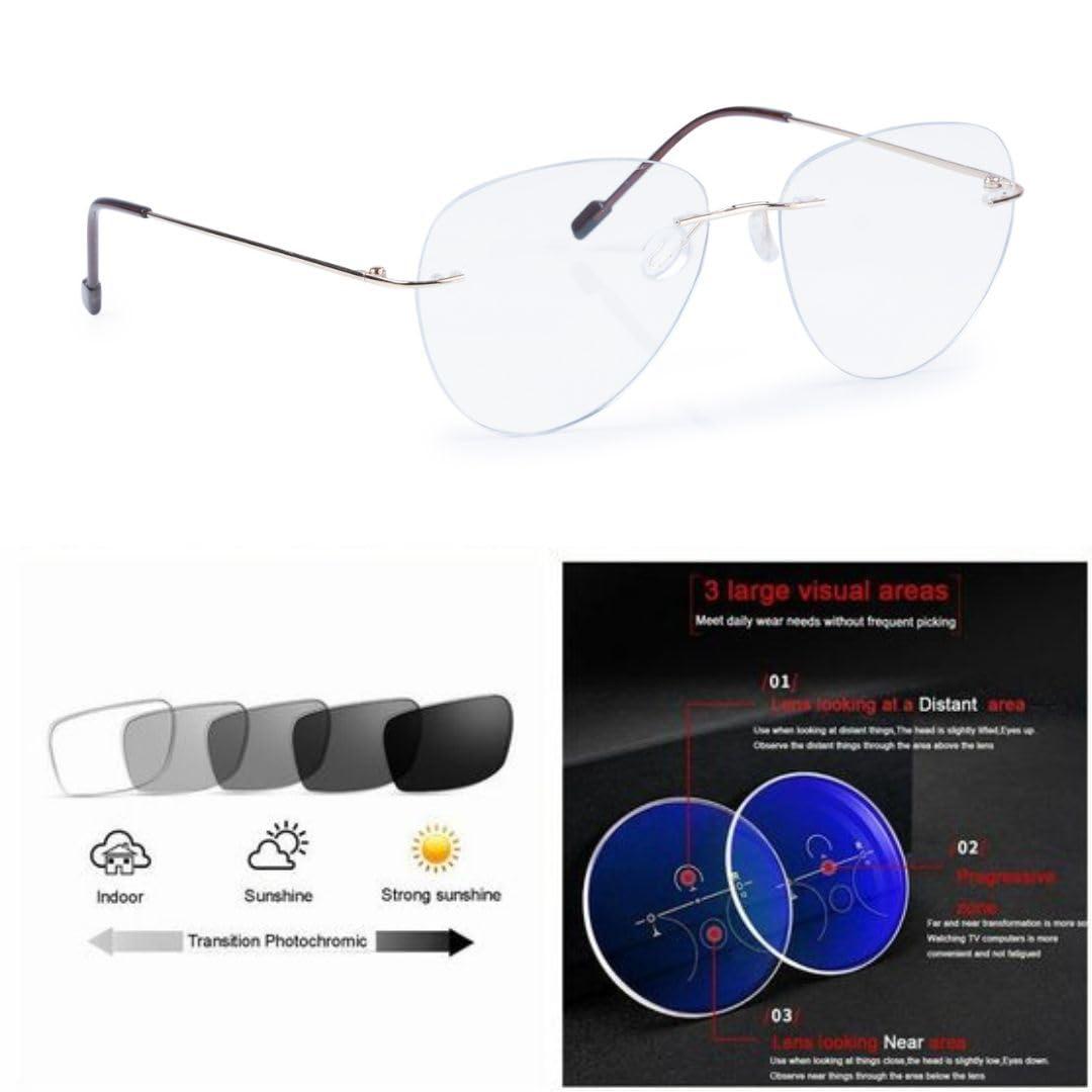 Redex Redex Aviator Photochromic Rimless Zero Power Blue-Cut Computer Glass Anti glare Block Harmful Rays Eye wear Spectacle Eye Frame (GOLD)
