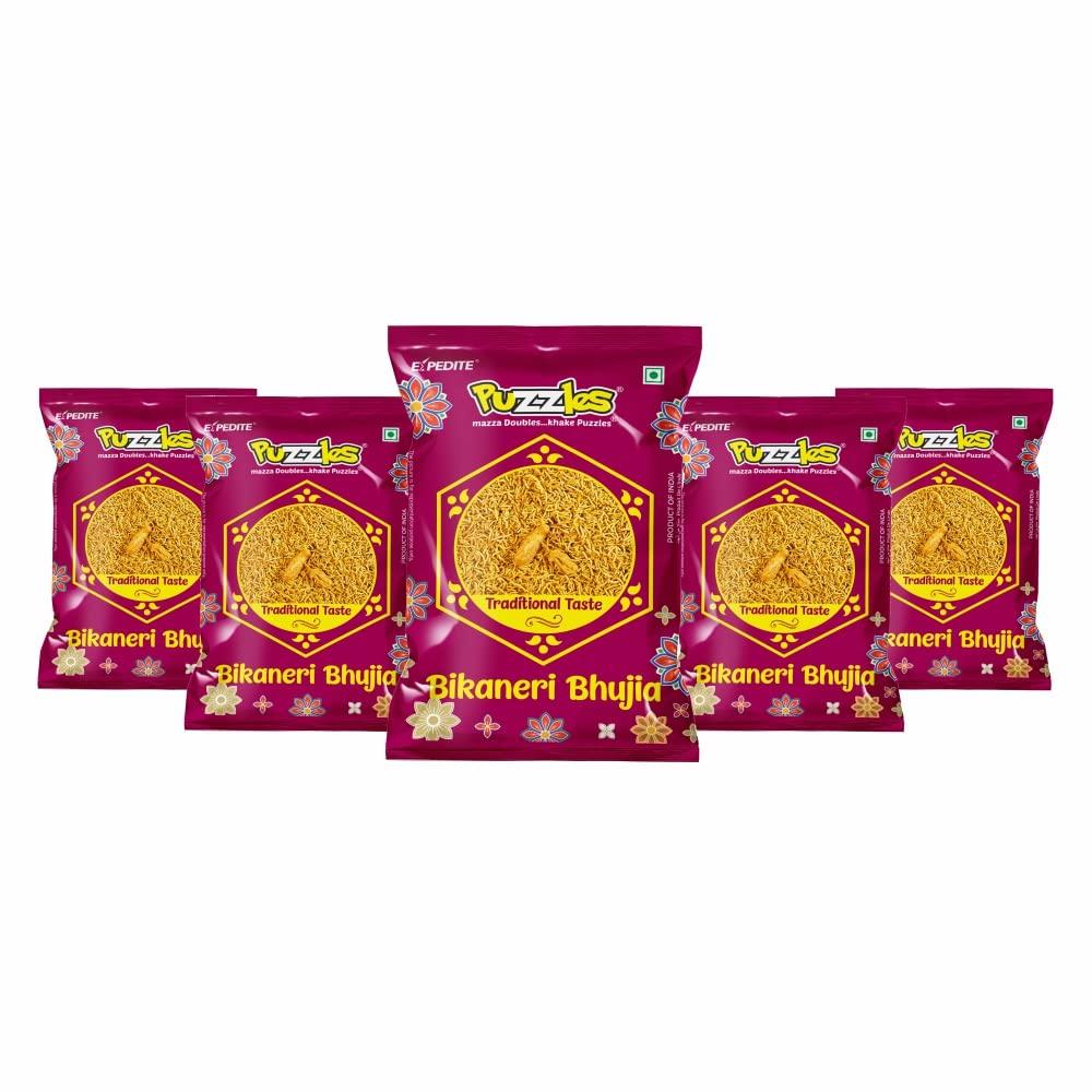 Puzzles PUZZLES Ready to Eat Crispy Bikneri Bhujia Namkeen with Beans, Gram Flour & Indian Spices, India's Favourite Snack Made with All-Natural Ingredients 170gm x Pack of 5