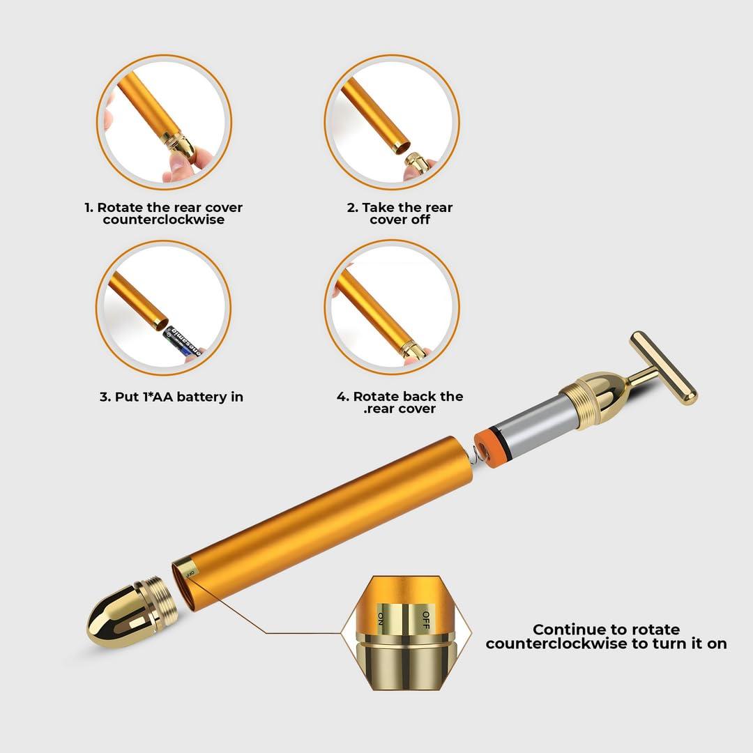 Dealsure Dealsure 24k Gold Energy Beauty Bar Electric Vibration Facial Massage Roller Waterproof Face Skin Care T-Shaped Anti Wrinkle Massager for Forehead Cheek Neck Clavicle Arm (Gold Colour)