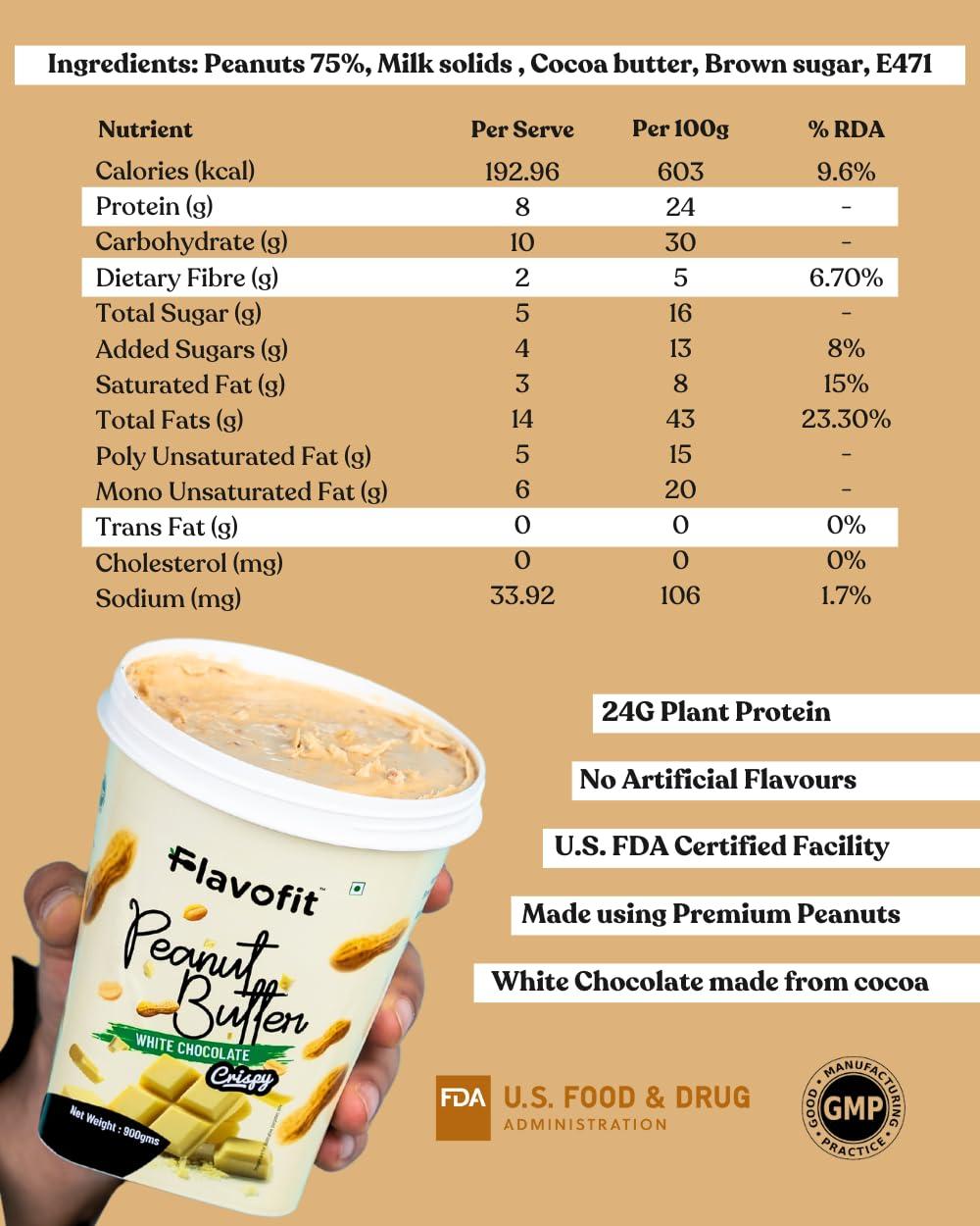 Flavofit Flavofit Crispy White Chocolate Peanut Butter 500g | 24g Protein | Healthy & tasty | Vegan | Cholesterol & Trans fat free
