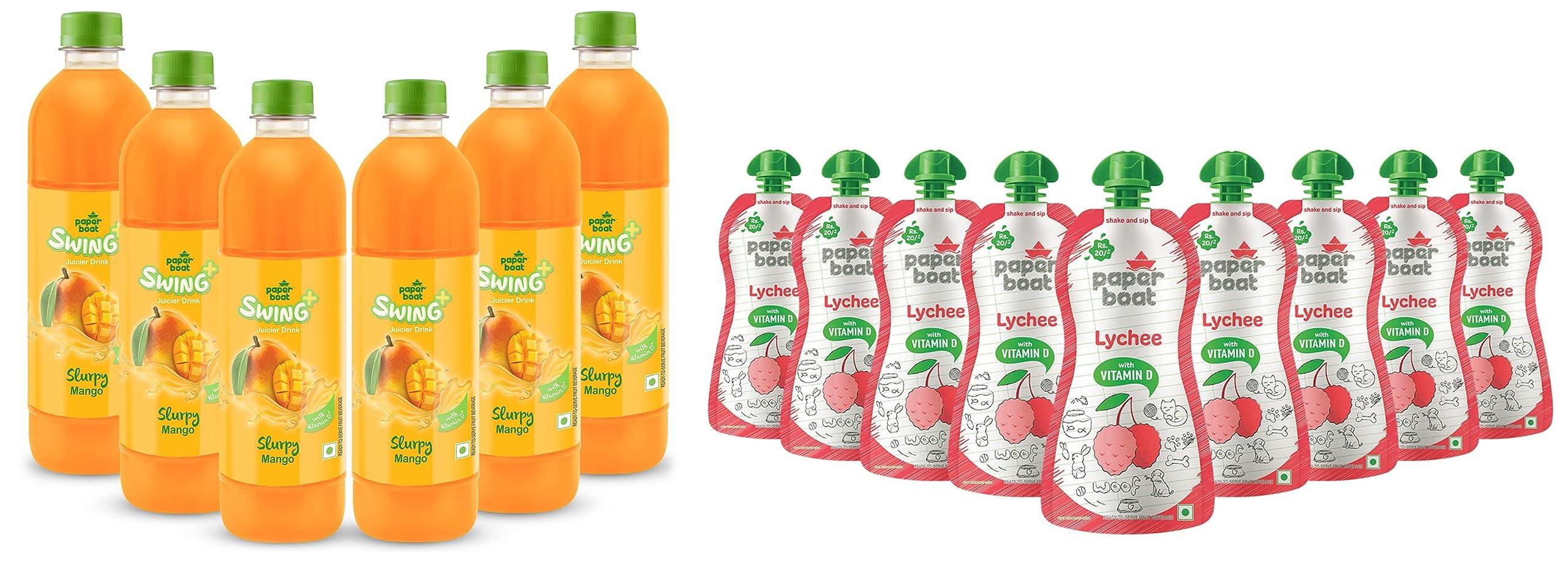 Paper Boat Paperboat Swing Slurpy Mango Juice with Vitamin D, 600 ml Each - Pack of 6 & Paper Boat Lychee Juice, Litchi Jelly Drink Enriched with Vitamin D (Pack of 9, 150ml each), Pink