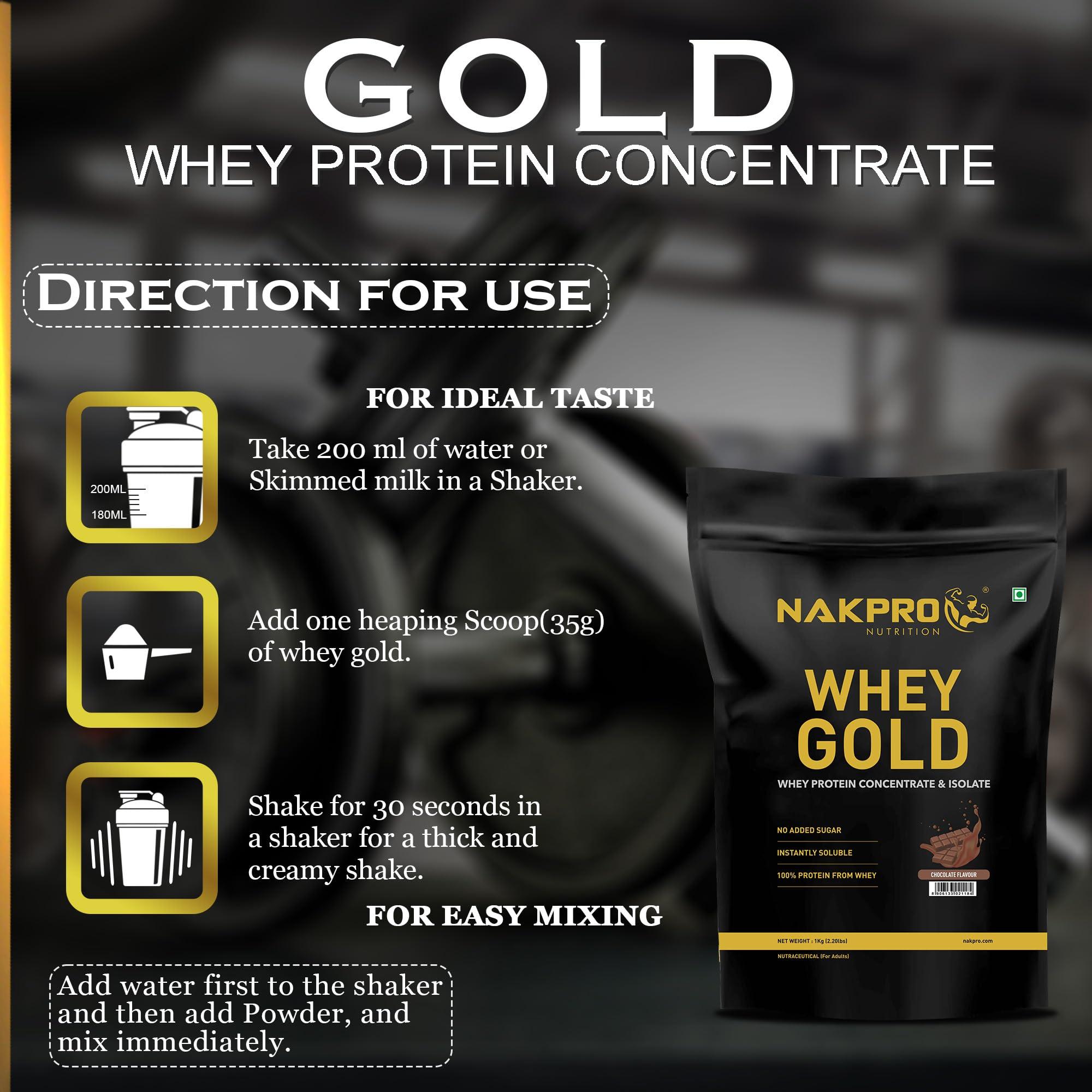 NAKPRO NAKPRO Gold Whey Protein Concentrate & Isolate 1kg Chocolate | 25.5g Protein, Trustified Certified Supplement Powder | Fast Absorbing Whey Protein Powder
