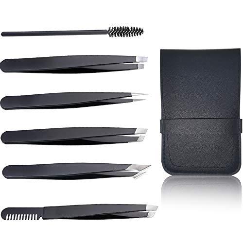 sixsun 6 PCS Eyebrow Tweezers Set, Professional Stainless Steel Slant Tip and Pointed Tweezer Kit for Women Men, Precision for Ingrown Hair, Splinter, Blackhead and Facial Hair Removal