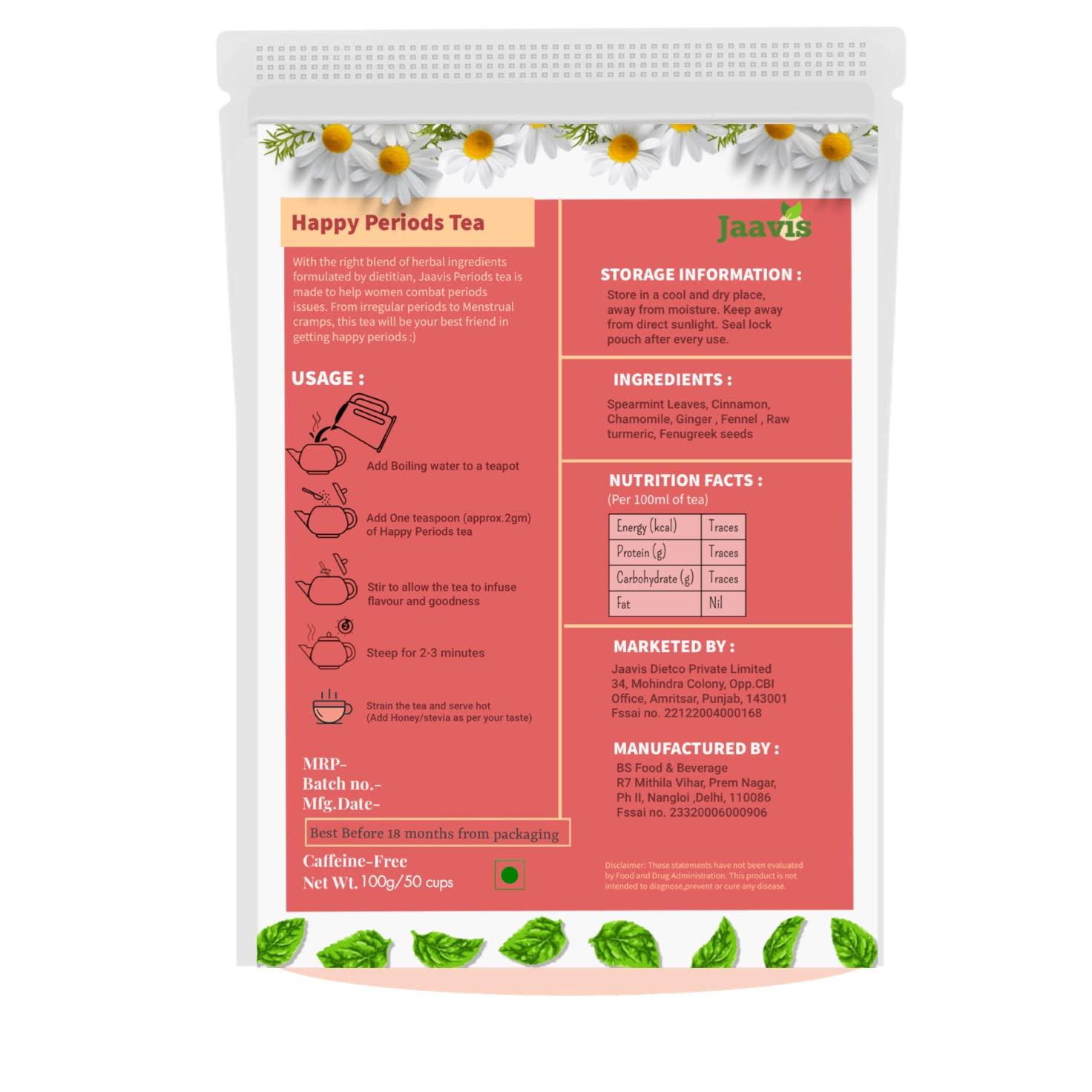 Jaavis JAAVIS Happy Periods Tea | For PCOD & PCOS | Dietitian Formulated | Regularise Periods & Promotes Hormonal Balance | Caffeine-Free | 100g