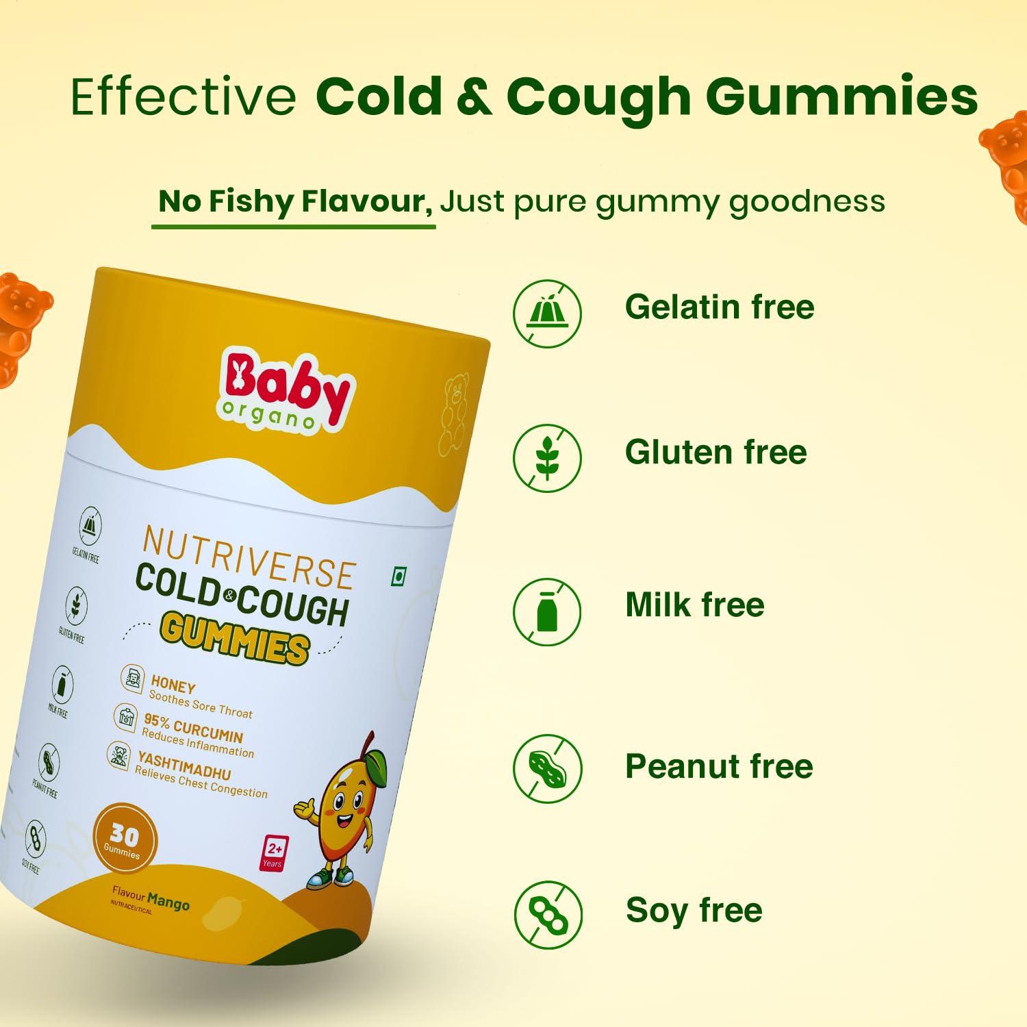 Babyorgano Babyorgano Nutriverse Cough & Cold Relief Gummies For Kids (2-15 Yrs) |30 Gummies |Relieve Dry Cough, Throat Irritation|Non-Drowsy, Ayurveda Inspired Formula, No Gelatin, Gluten, Dairy|Mango Flavor