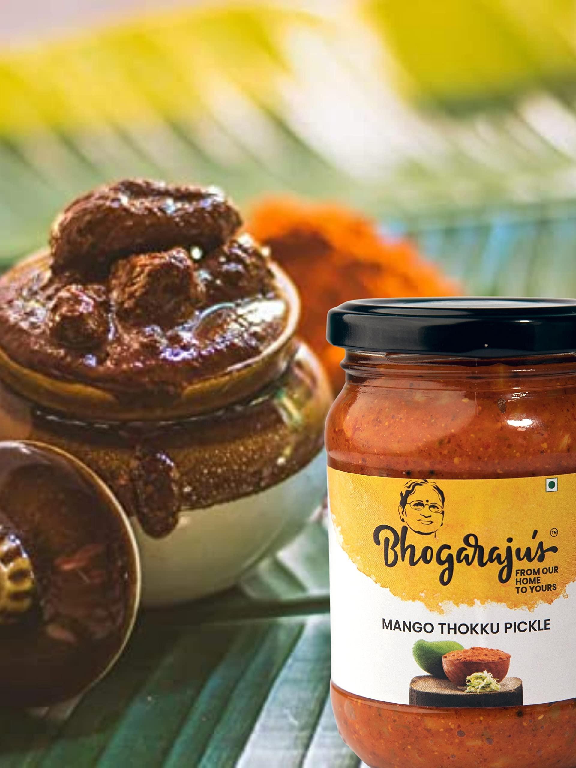 Bhogarajus Bhogarajus Pickle Box Combo Pack 2 in 1 Andra Style Mango Awakai Pickle 300g + South Indian Style Lime Pickle South Indian Taste 300g + 100gm Gift Pack Rasam Masala - Pack of 3