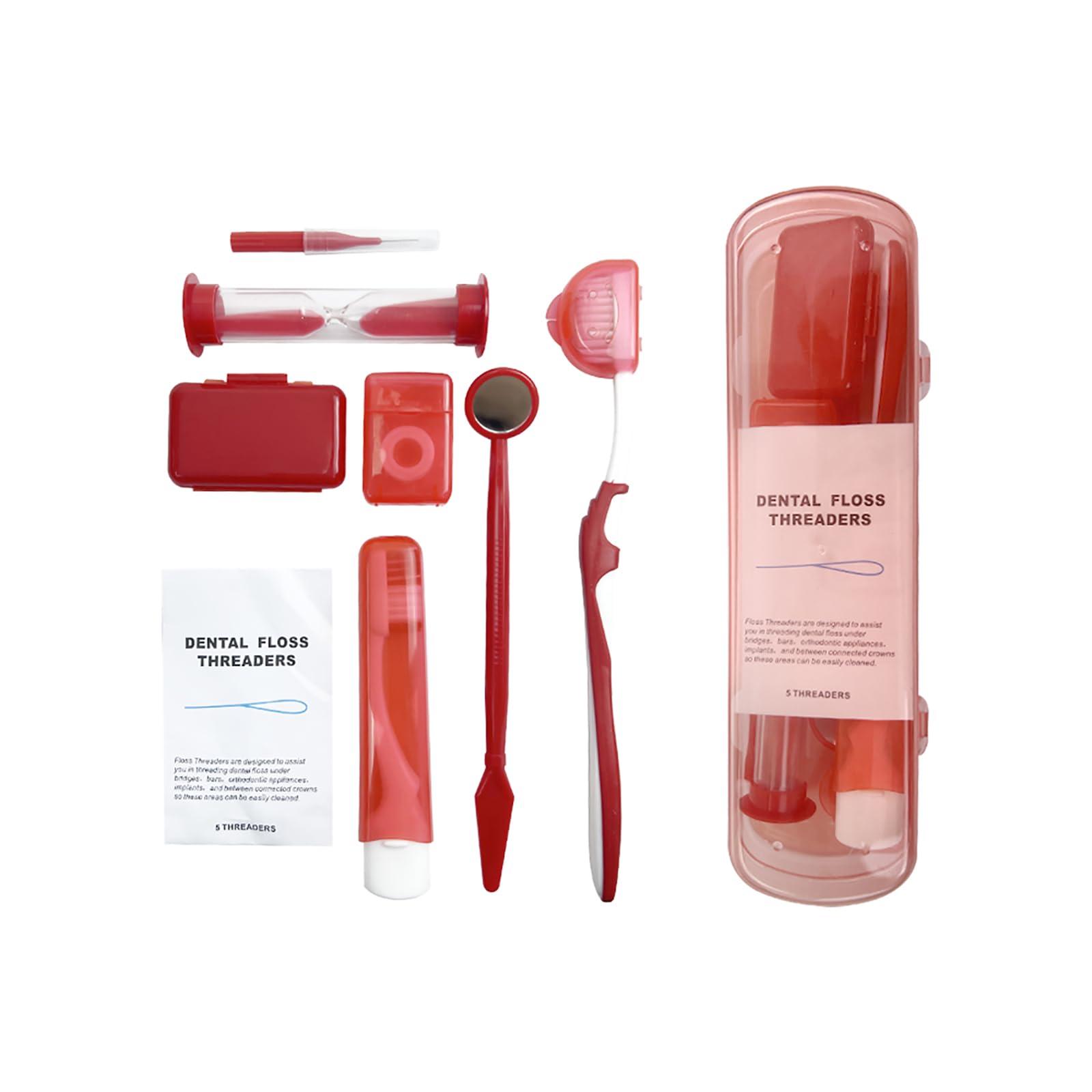 YOUYA DENTAL Boxed Portable Orthodontic Care Kit Orthodontic Toothbrush Kit for Braces for Orthodontic Patient Travel Oral Care Kit Dental Travel Kit Interdental Brush Dental Wax Dental Floss (8 Pcs/Pack)-Red