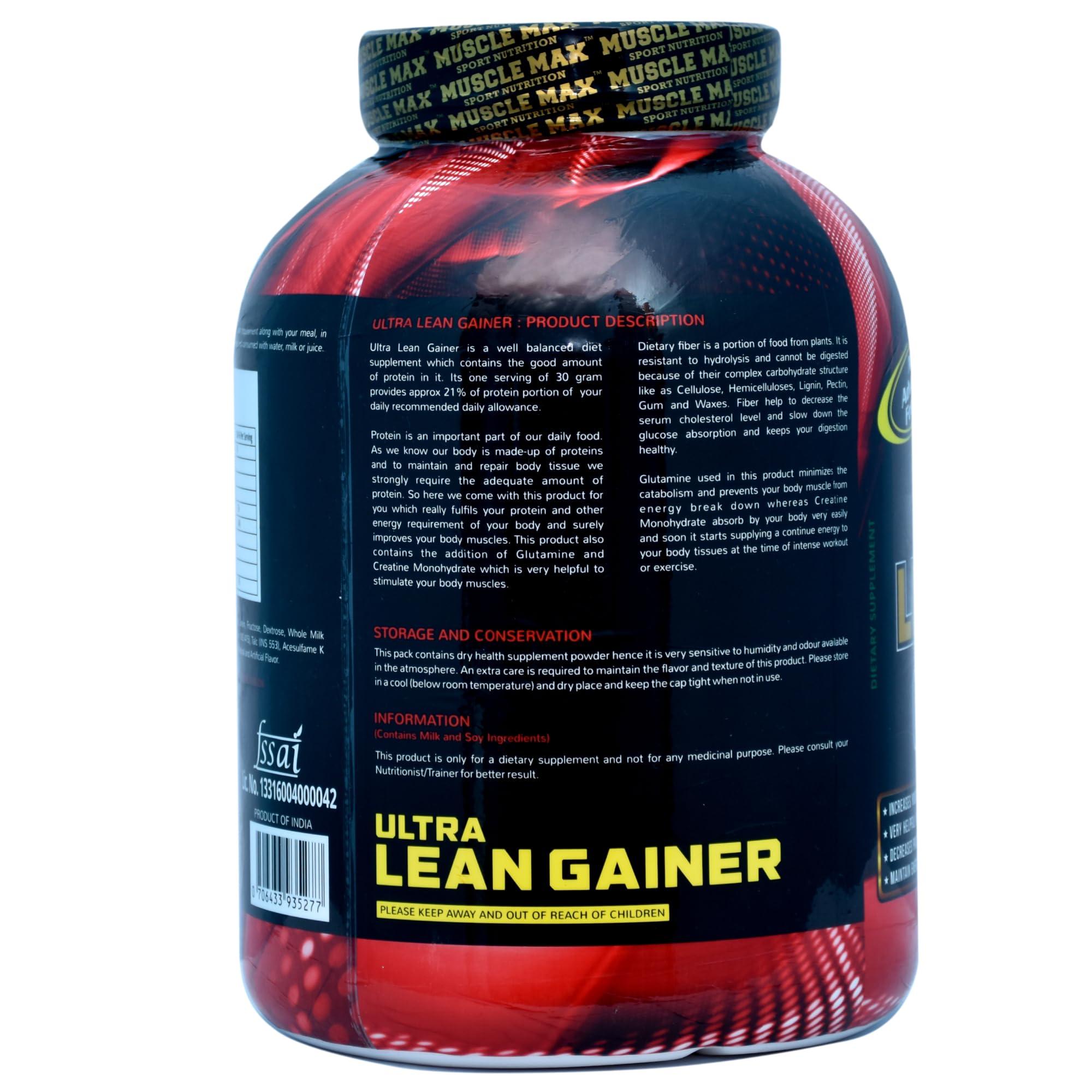MUSCLE MAX SPORT NUTRITION Muscle Max Sport Nutrition Ultra Lean Gainer Loaded with High Protein Blend Easy Digesting with Glutamine and Creatine Monohydrate Weight 3kg 6.6lbs 100 Serving With Free Shaker (Vanilla)