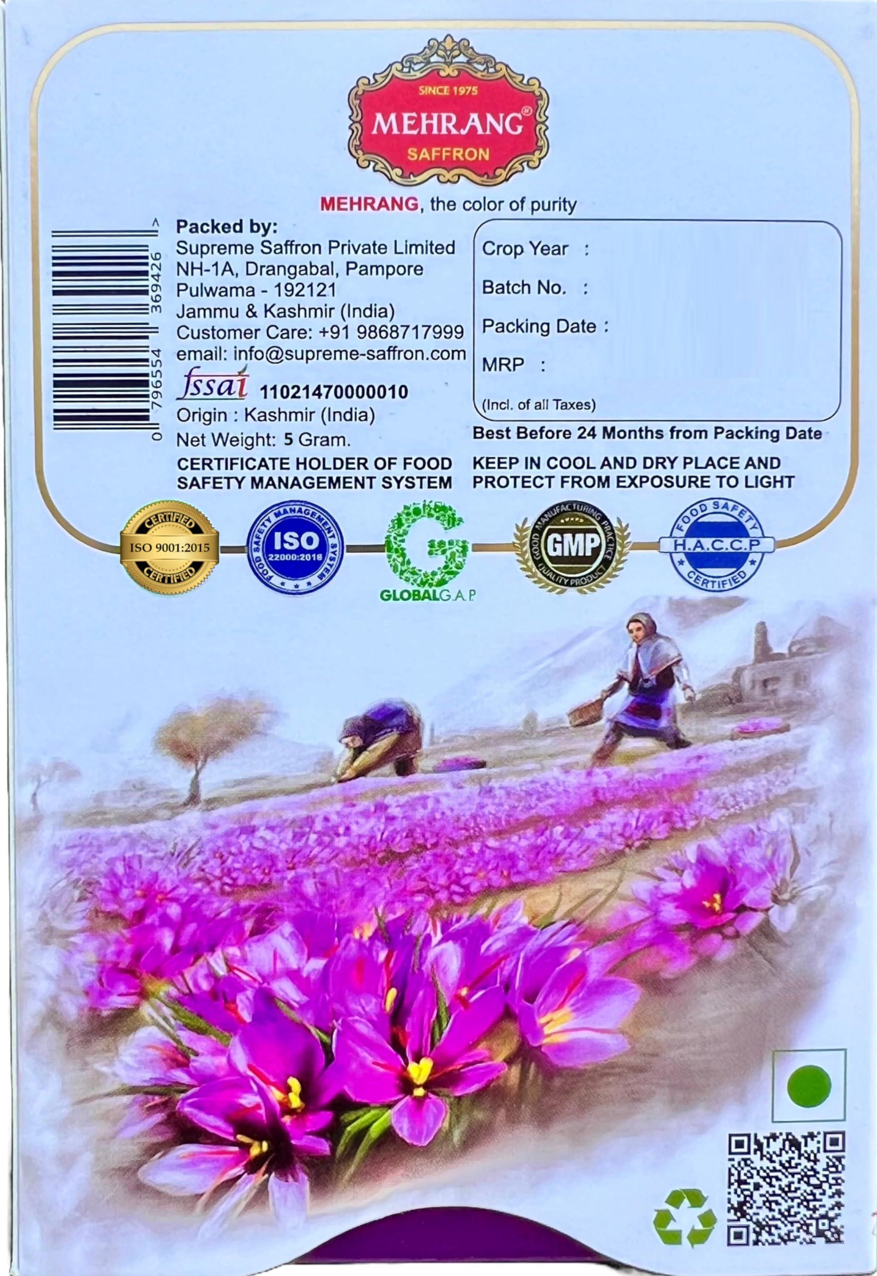 Mehrang Mehrang Saffron Original Kashmiri 5 Grams | Kashmir Kesar | Keshar | A+++ Grade Luxury Quality | Grown in Saffron Farms of Pampore | ISO 9001:2015, 22000-2018, HACCP, GMP Certified | Pack of 1