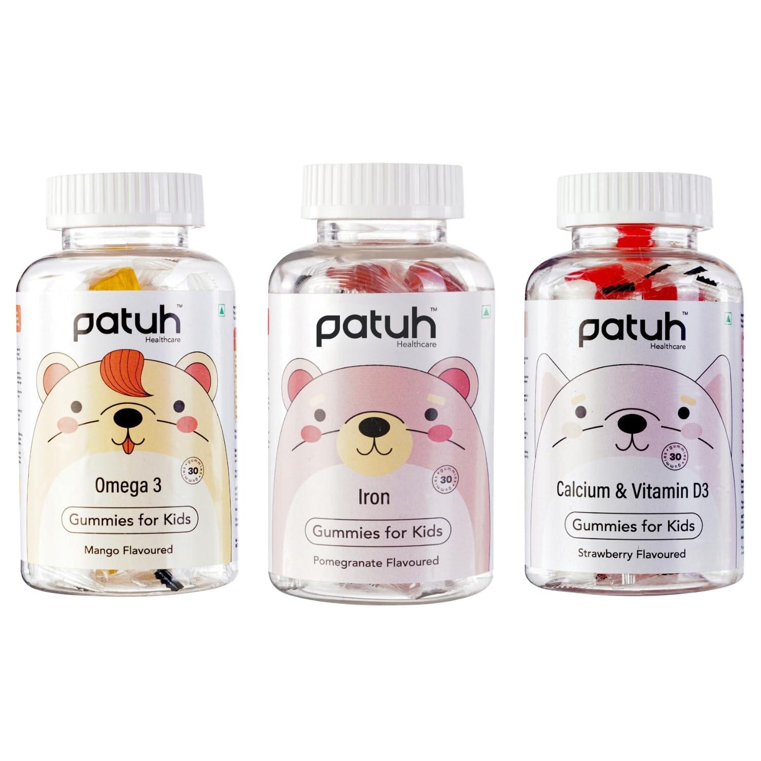 PATUH HEALTHCARE Patuh Healthcare Combo Calcium and Vitamin D3, Iron, Omega 3 Gummies for kids (4 years+) | 30 Day Pack | 100% Vegetarian, Natural Strawberry flavour,Pomegranate flavour,Mango flavour