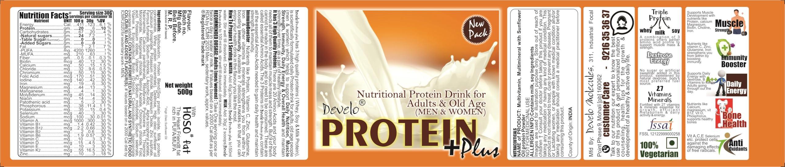 DEVELO Develo Protein Powder for Men & Women, Whey, Milk & Soy (Triple Protein)  500 g Kesar Badam