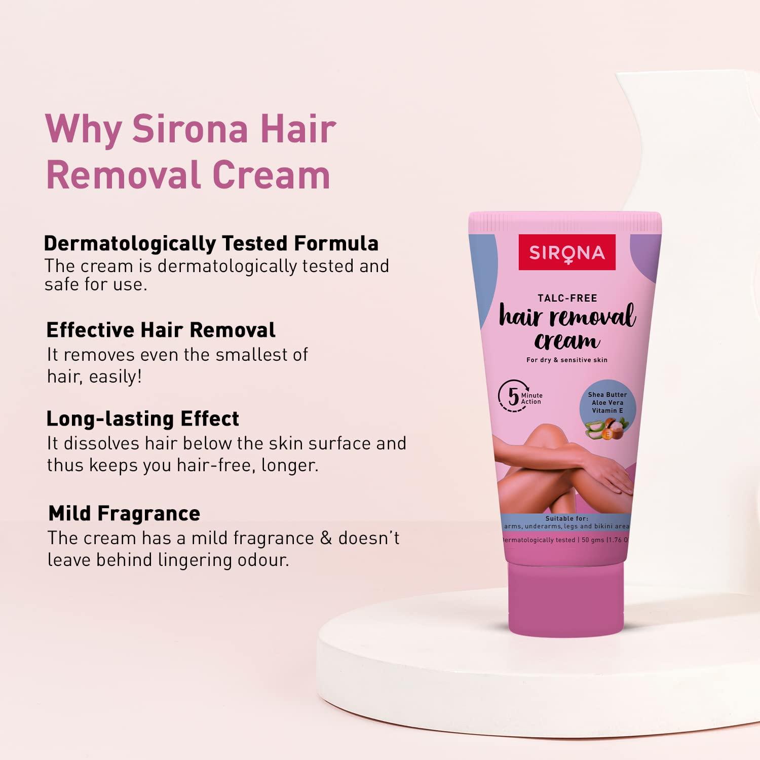 Sirona Sirona Hair Removal Cream, Bikini Hair Removal Cream for Women, Hair Removal Cream for Women, for Bikini Line, Underarm, Legs, Dermatologically Tested, for Dry & Sensitive Skin - 50 gm (Pack of 2)