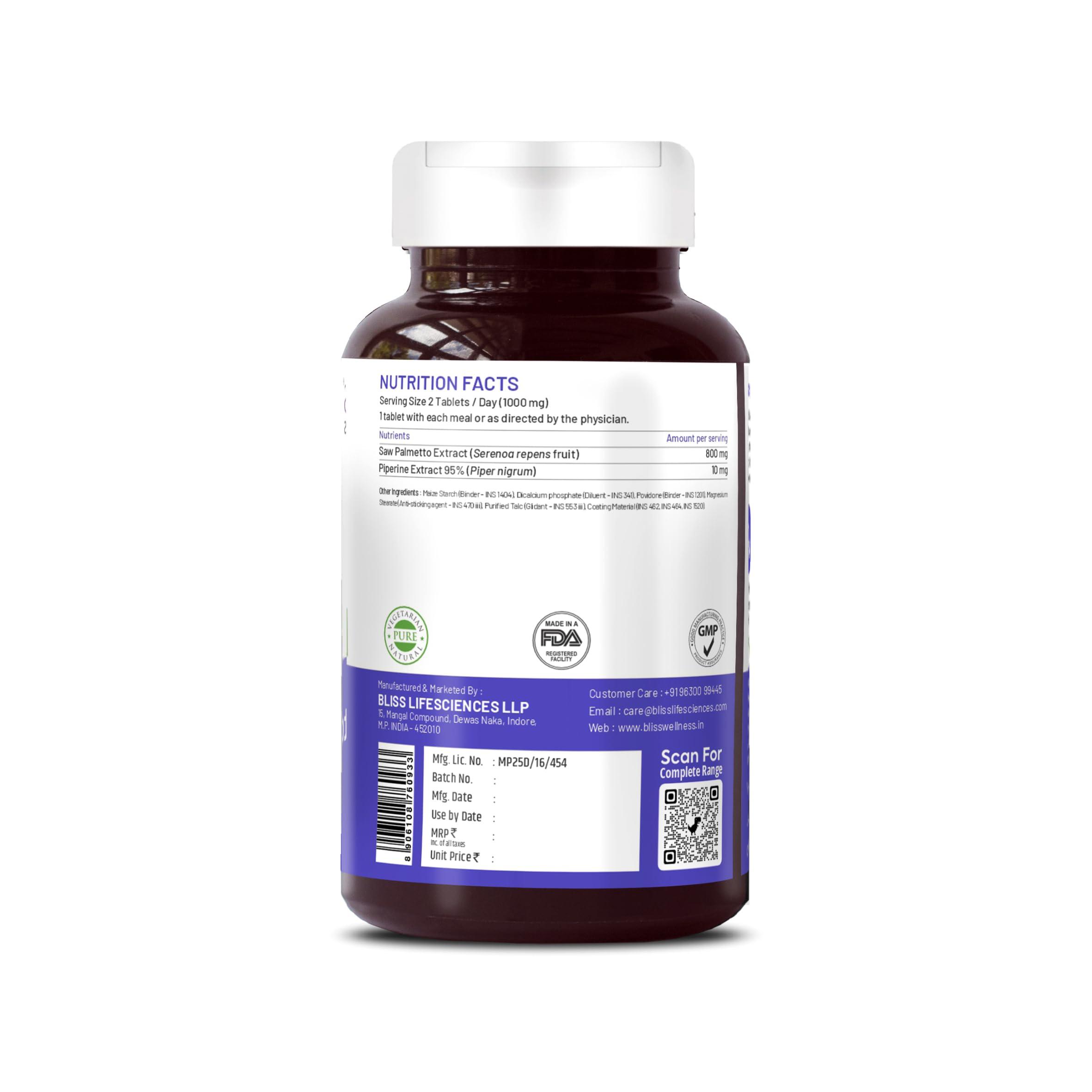 Bliss Welness Bliss Welness Saw Palmetto Extract 800 MG | Hair Growth Prostate Health Support Urinary Tract Function Prevent Hair Fall Ayurvedic DHT Blocker Health Supplement - 60 Vegetarian Tablets