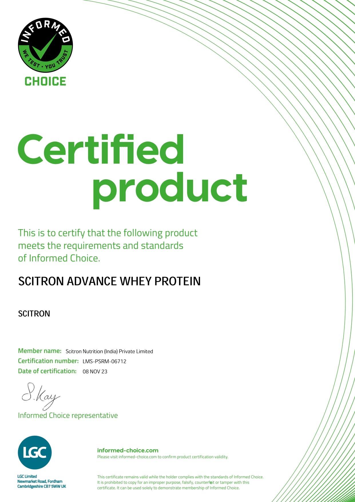 SCITRON Scitron Advance Whey Protein 1Kg Cookies and Cream (28 Servings, 25.5g Protein, 5g BCAAs, 0g Sugar, 20 Vitamins & Minerals) Certified by Labdoor, USA | Sourced from Glanbia Nutrition | Certified by Informed Choice