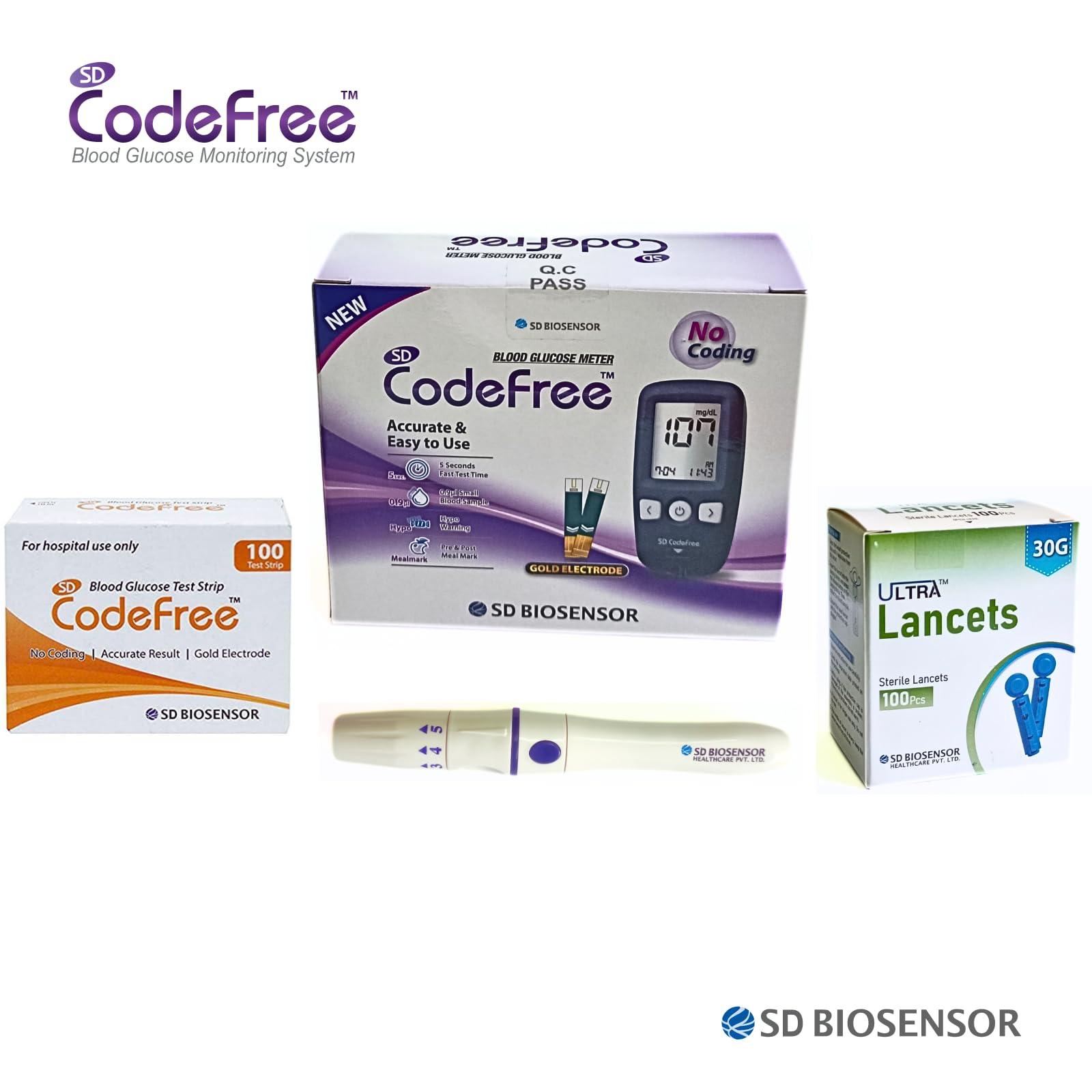 SD Codefree SD Codefree Blood Glucose Meter with 100 test Strips 100 Round Lancet and a Lancing Device - Glucometer (Black)