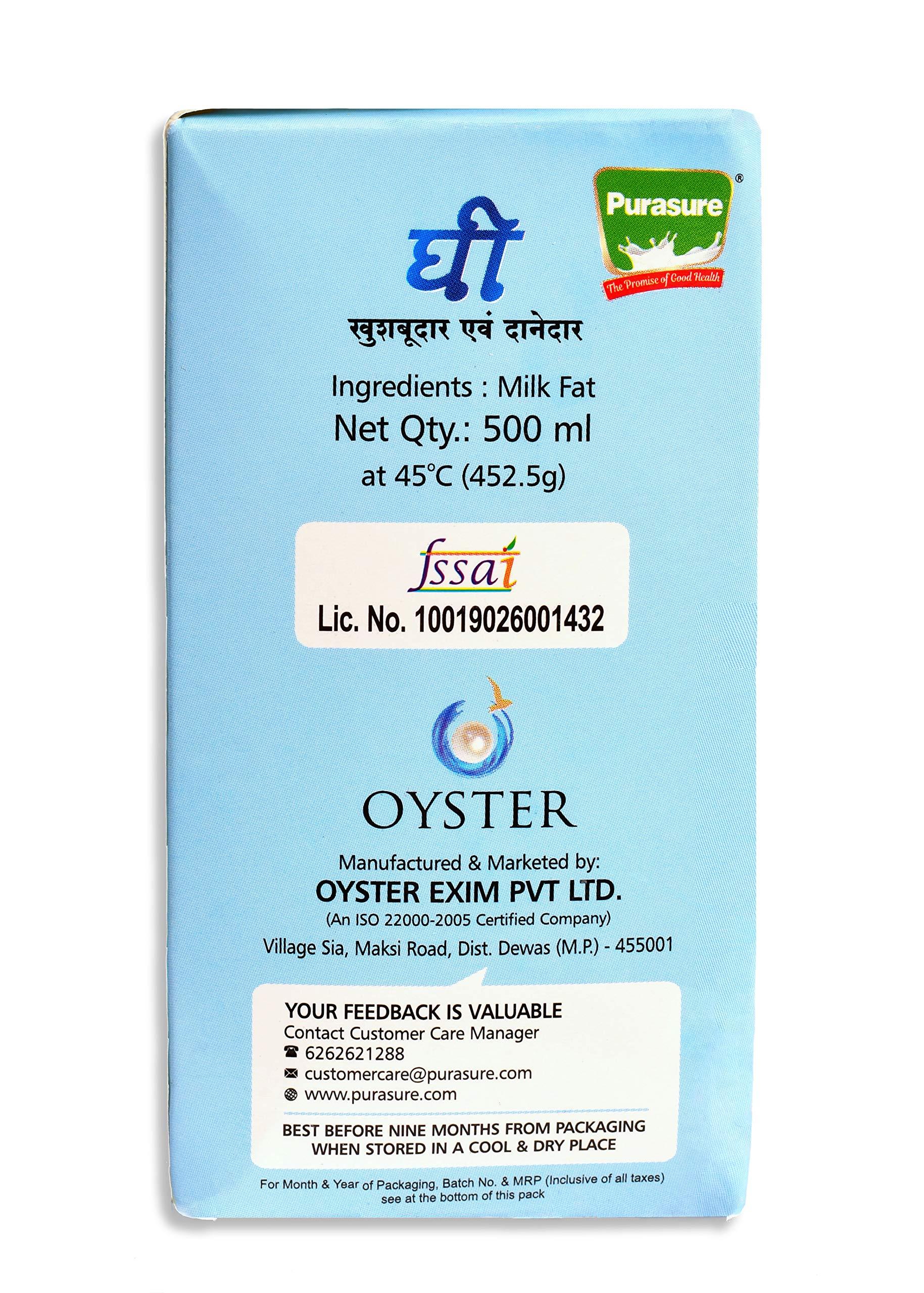 Purasure Purasure Pure Desi GHEE (500 ML) | Pack of 1 | Aroma in every drop |Pure Veg, Desi Ghee, No Preservatives | Rich Taste & Aroma | Good source of Vitamin A, Delicious, Healthy & Nutritious | Homemade taste