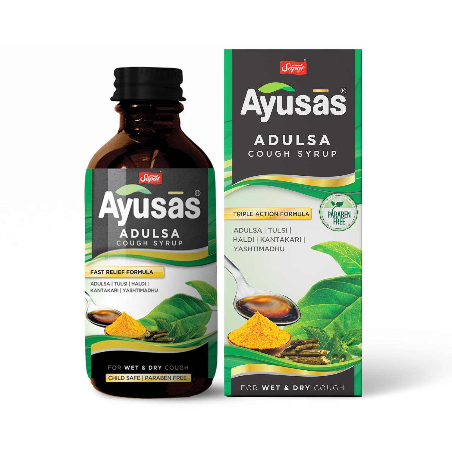 AYUSAS AYUSAS Sapat Adulsa Cough Syrup, Paraben Free, Child Safe, Triple-action formula,100% Natural for Wet and Dry Cough, (200 ml) (Pack of 2)