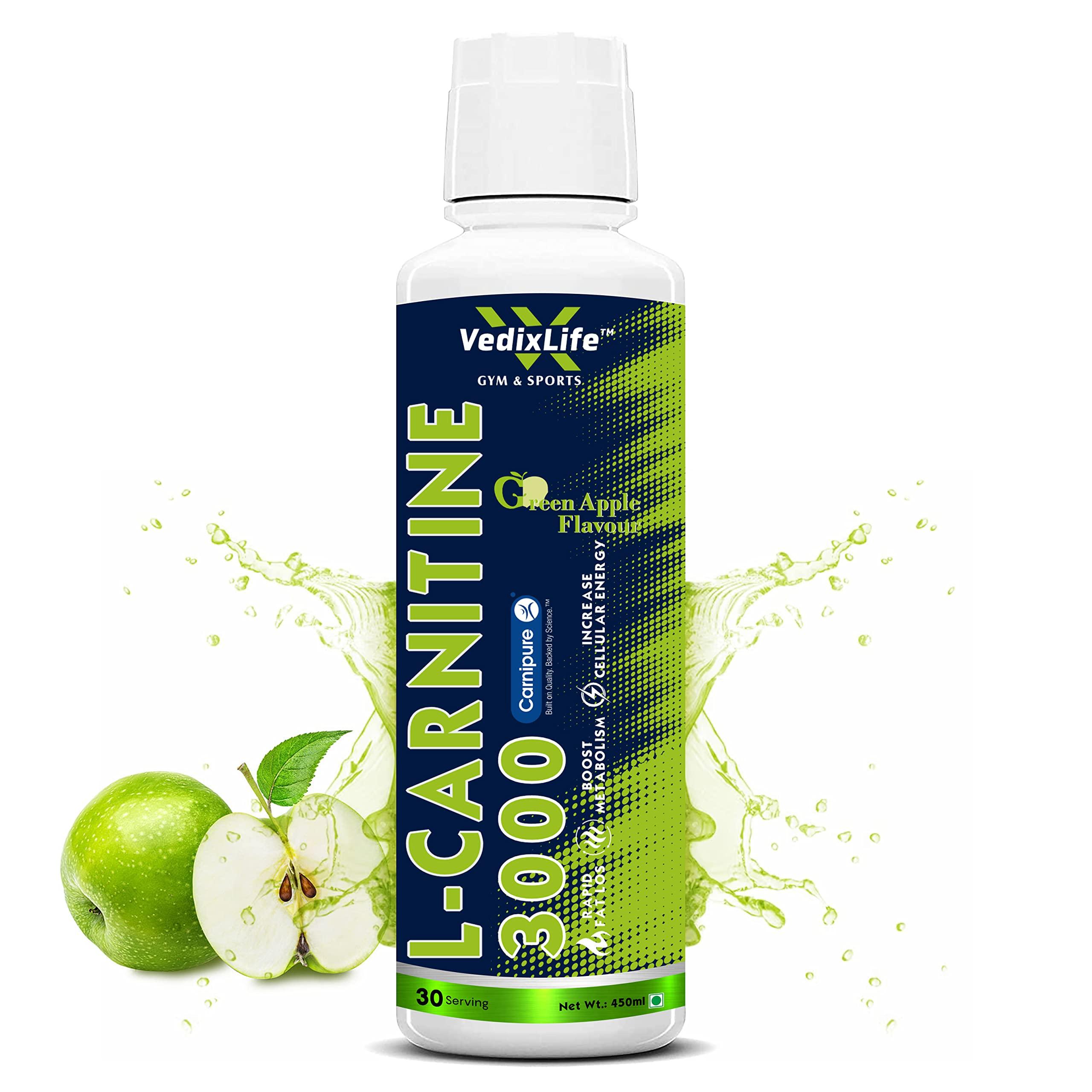 Generic L-Carnitine Liquid with Branded Carnipure, 3000 mg | Converts Fat into Energy | Pre & Post Workout | (Natural Green Apple Flavour, 450ml, 30 Servings)