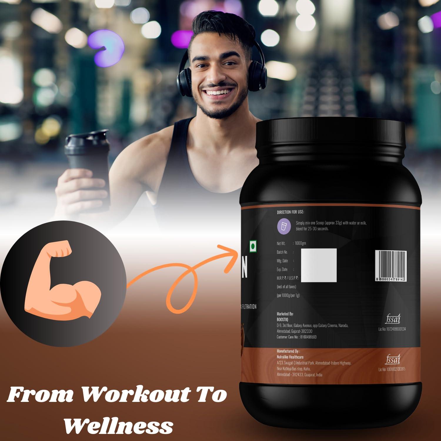 BOOSTIQ BOOSTIQ Whey Protein Concentrate 1KG Chocolate (30 Servings) | Fast Absorbing And Easy to Digest 100% Authentic Whey Protein Powder For Women, Men & Athletes | 23.7g Pure Protein Per Scoop (1KG, Chocolate)