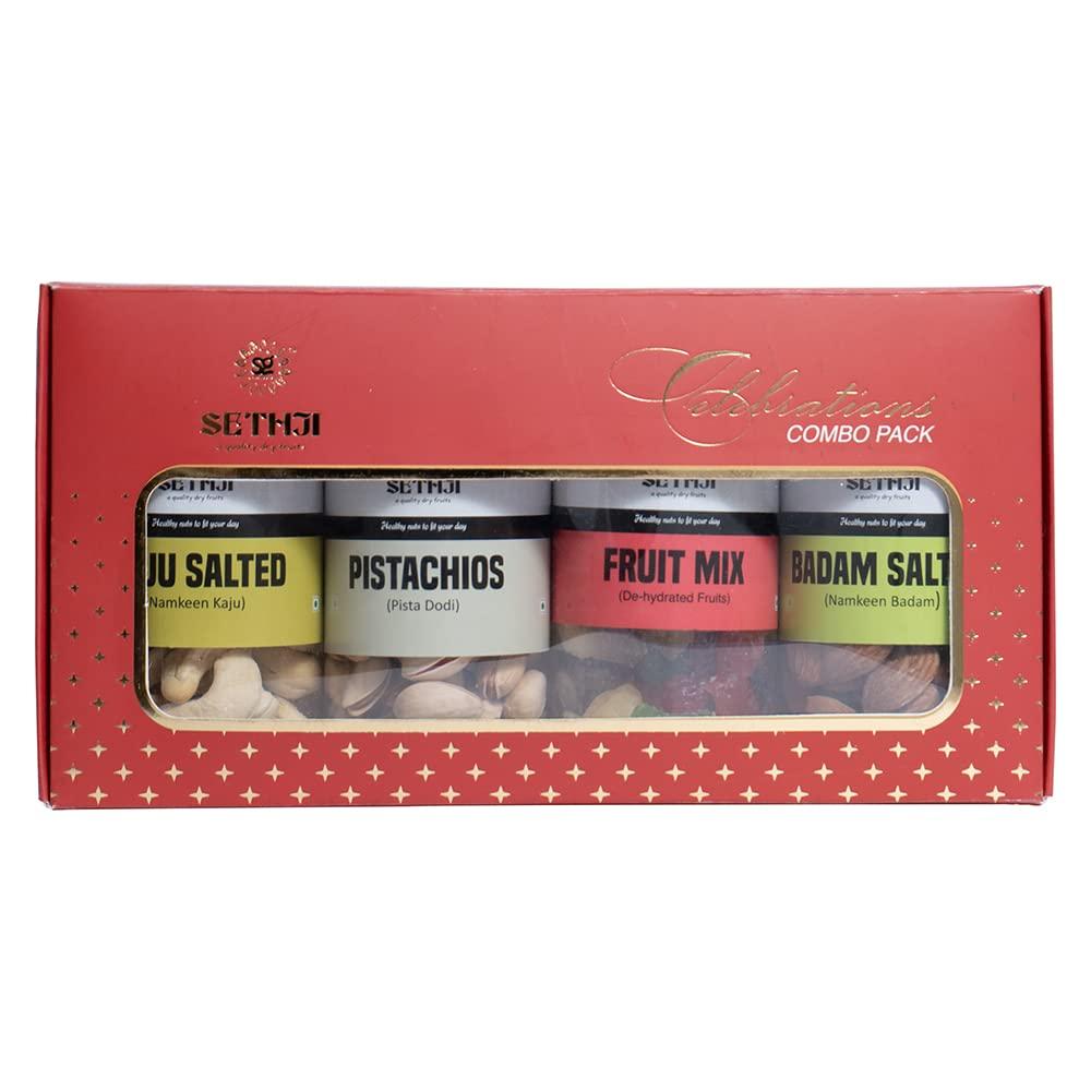 SETHJI SETHJI Premium Dry Fruits & nuts Celebration Box, 400g | Salted Cashew, Roasted Almonds, Pista & Fruit Cocktail | christmas gift hamper | christmas gift hampers | gift for christmas