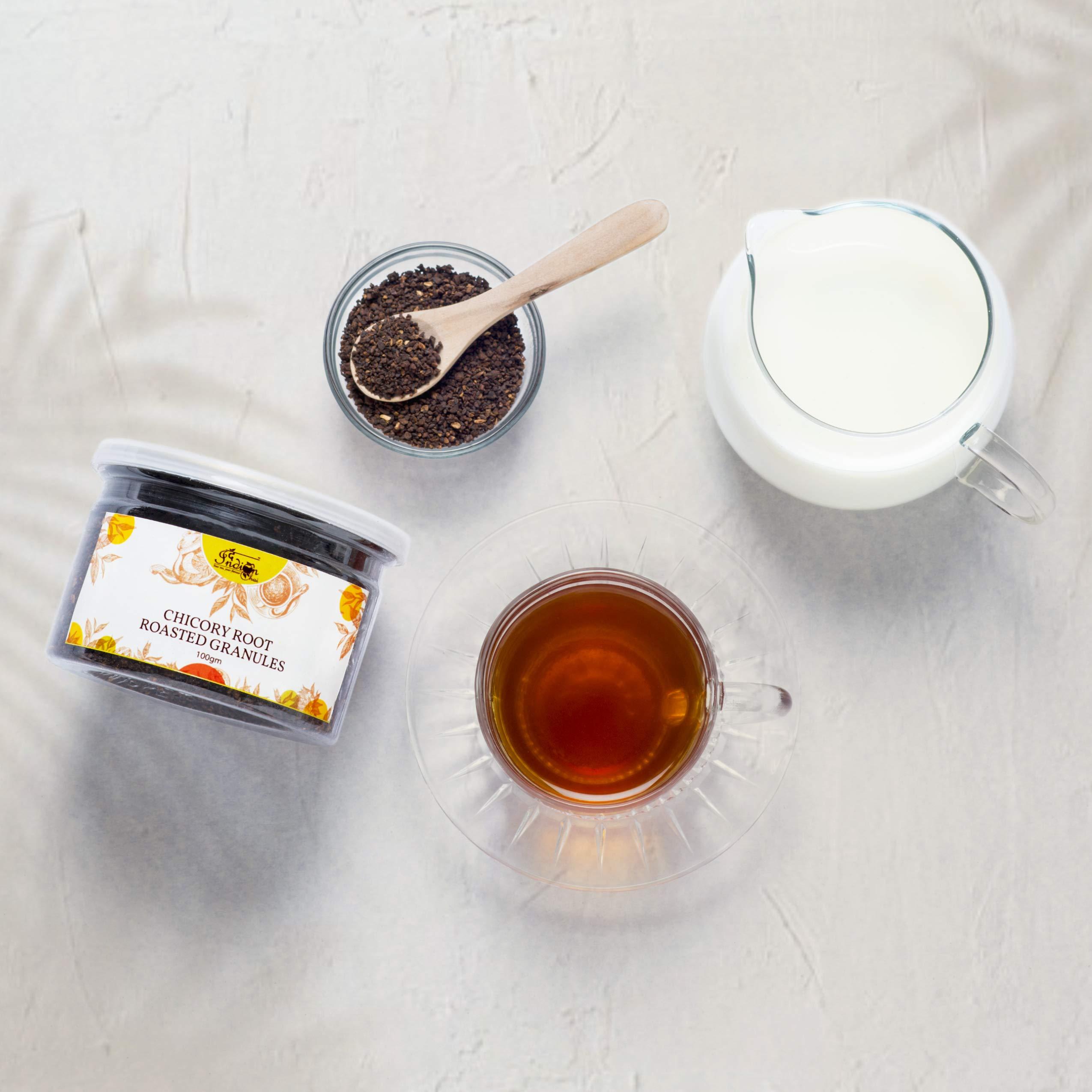 The Indian Chai The Indian Chai  Chicory Root Roasted Granules 100g, Chicory Coffee (Inulin, Prebiotic Dietary Fiber) Rich Flavor, Caffeine Free, Natural Tea and Coffee Substitute