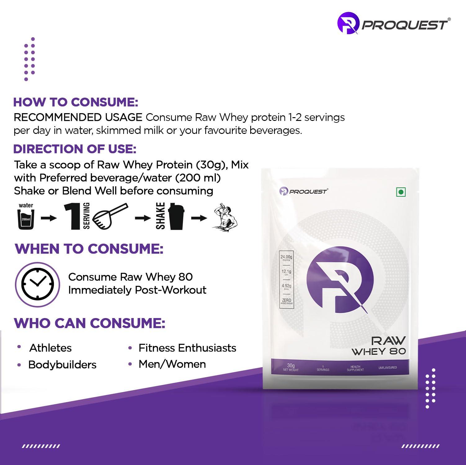 PRO QUEST ProQuest Raw Whey Protein Concentrate (Unflavoured, 30g / Single Serving Sachet) | 24g Protein Per Scoop | 4.9g BCAA & 12.1g EAA | Lab Tested & Easily Digestive | Faster Muscle Support & Recovery