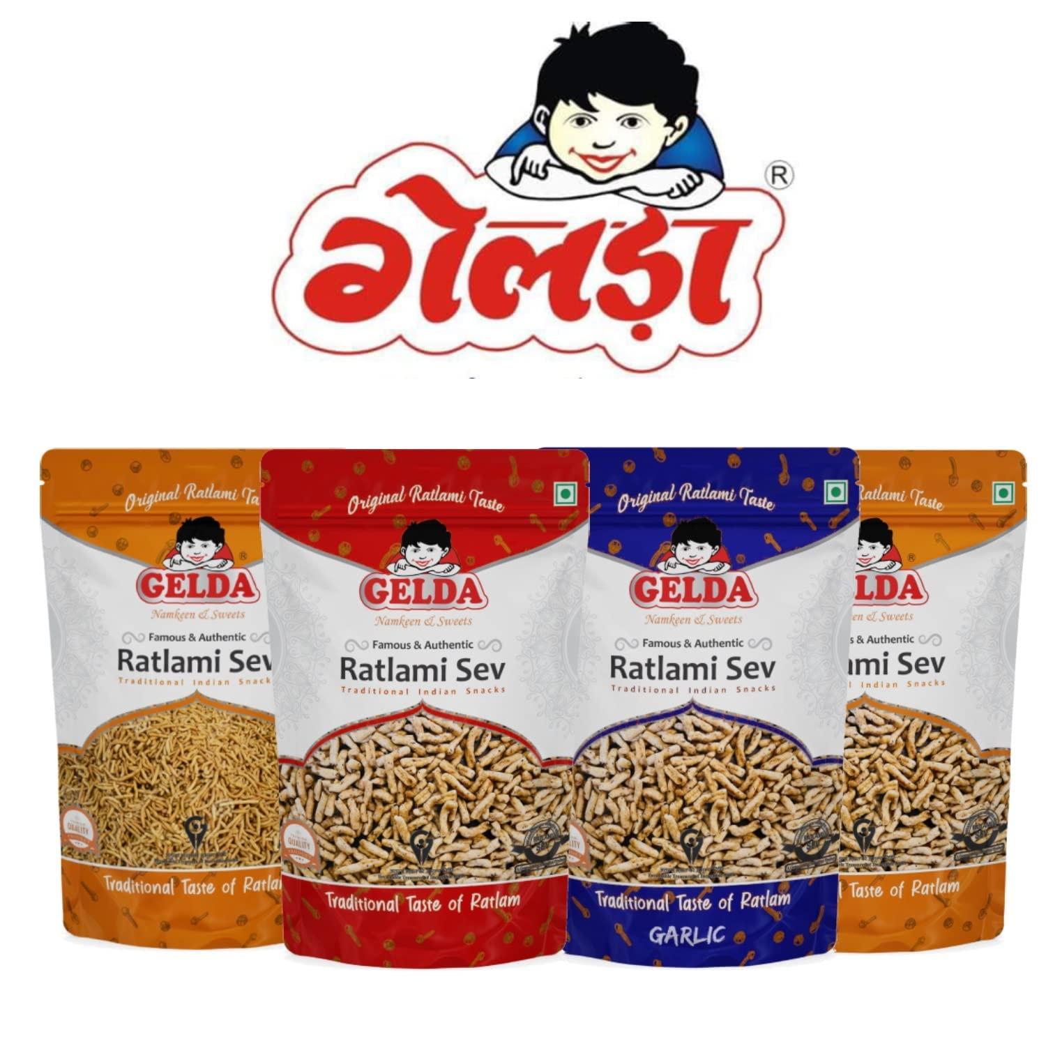 GELDA Gelda 500gm Famous Ratlami Snacks| Healthy Namkeen Snack| A Real Taste of Ratlam | No Preservatives & Artificial Flavors (Garlic Sev)